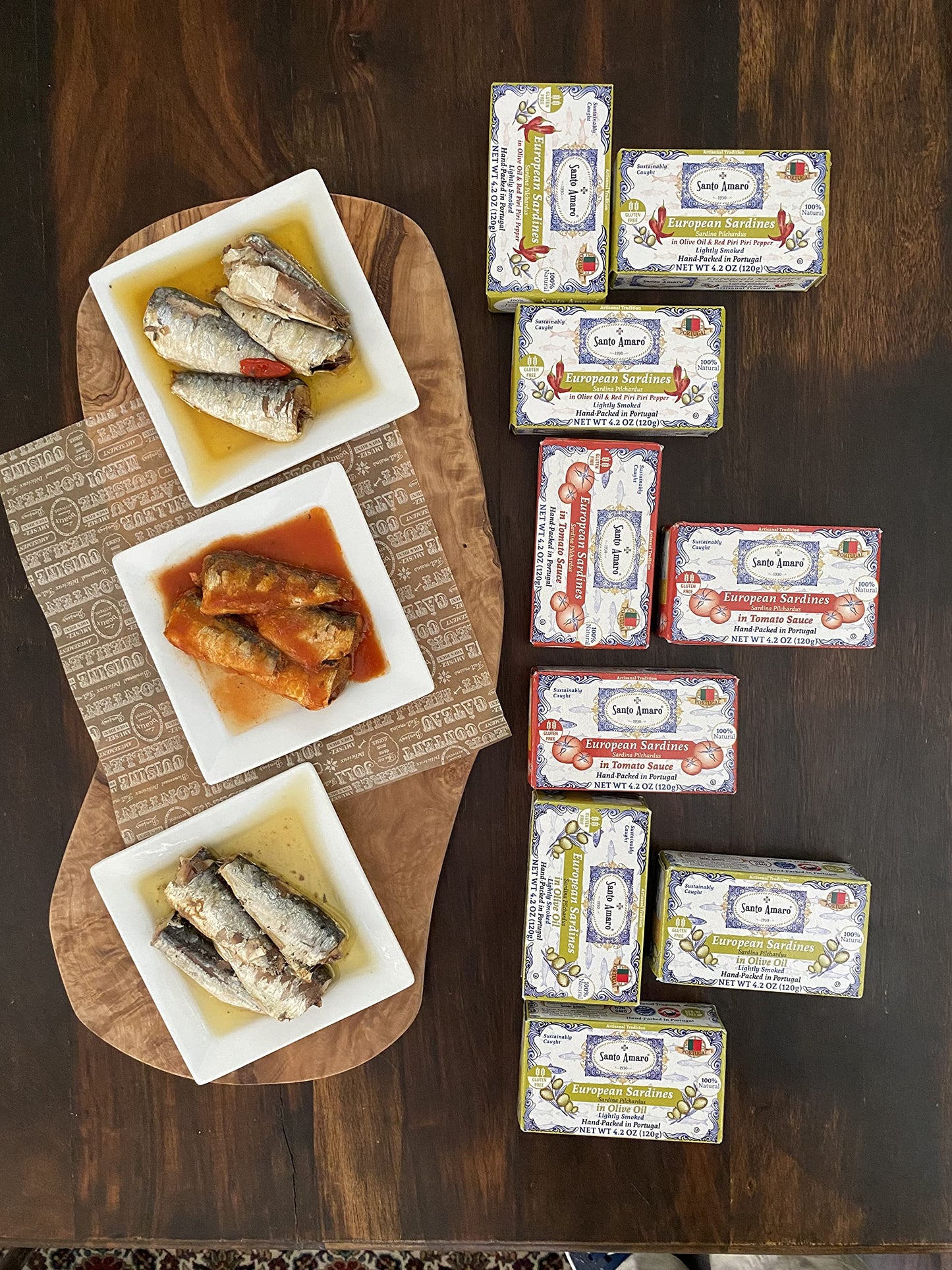Santo Amaro - 6 Flavor Variety Pack Sampler European Wild Sardines - Virgin Olive Oil - Tomato Sauce from Puree - Virgin Olive Oil & Spicy Red Piri Piri Pepper - Spring Water - Virgin Olive Oil & Lisbon Lemon - Tomato Puree with Spicy Red Piri Piri Pepper