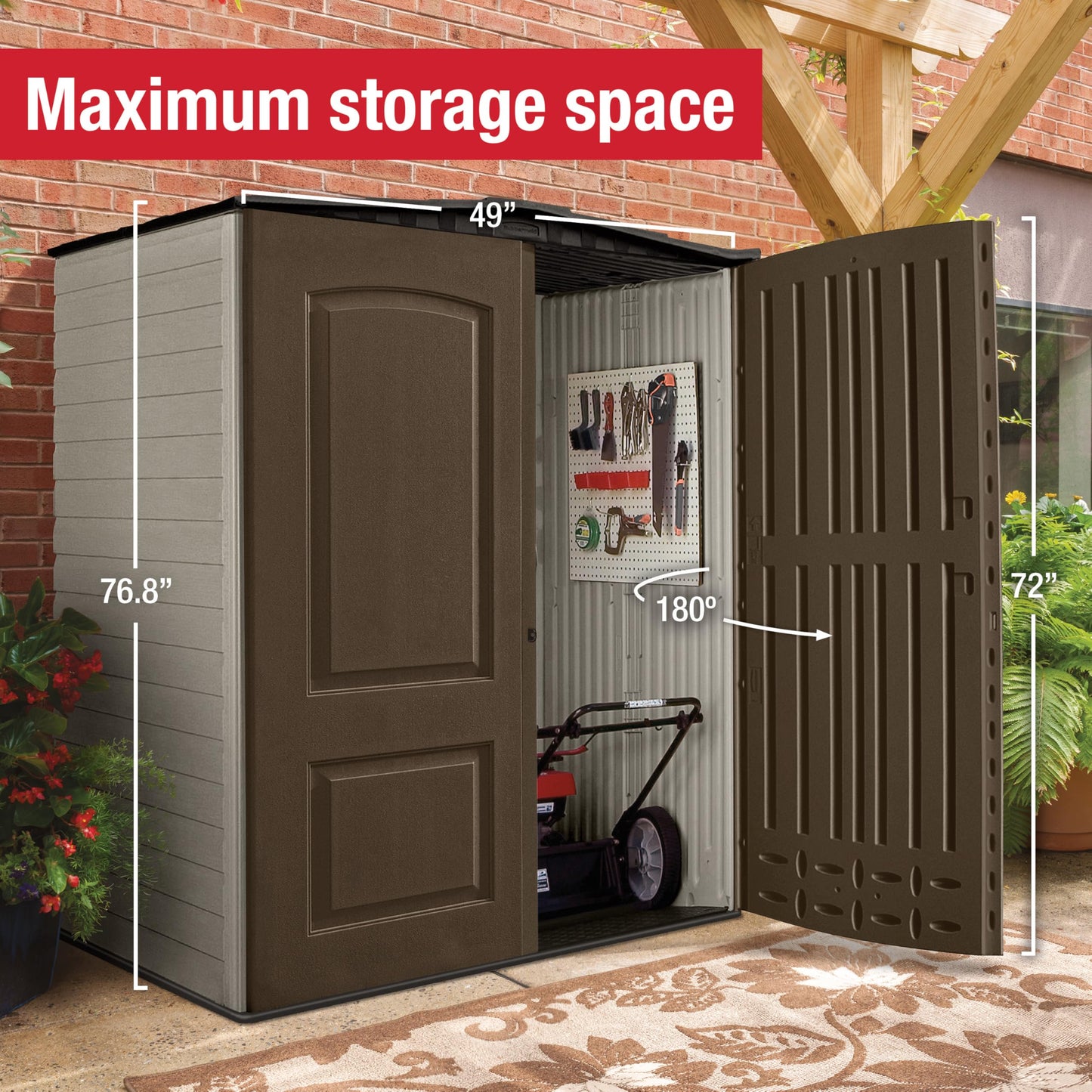 Rubbermaid Medium Vertical Resin Outdoor Storage Shed With Floor (5 x 4 Ft), Weather Resistant, Brown, Organization for Home/Backyard/Pool/Garden/Lawn Tools