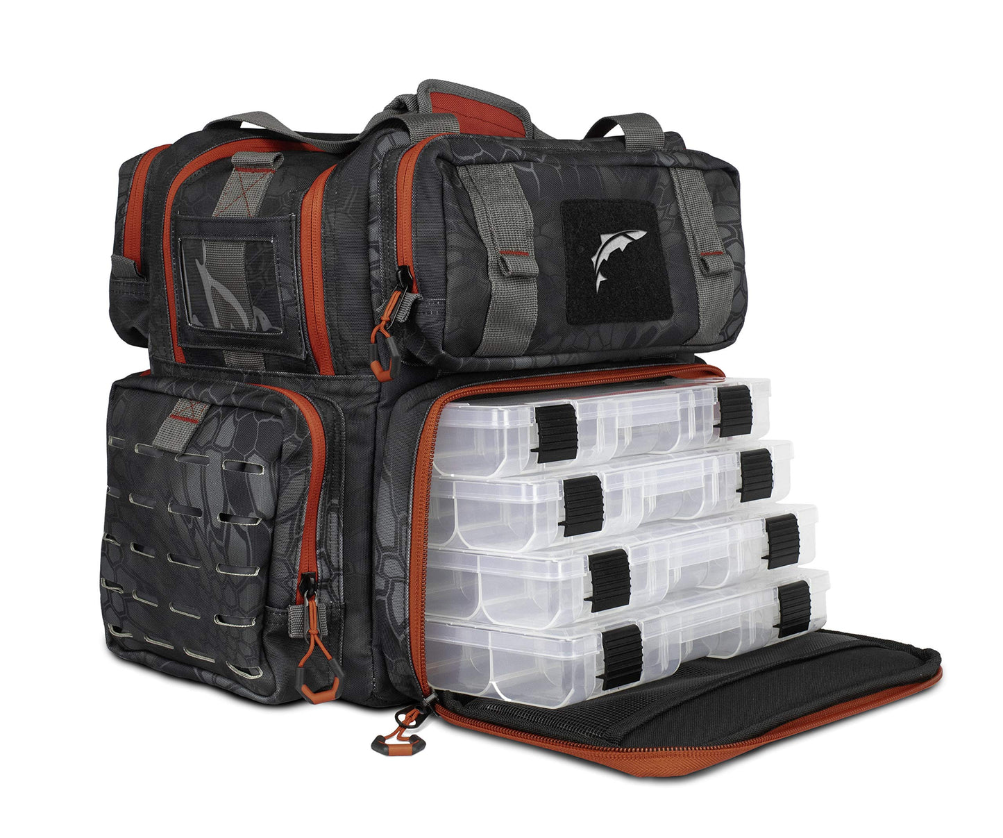 EGO Kryptek Tactical Tackle Box Backpack, Durable Fishing Tool Bag, 1000D Nylon Fabric with PVC Back, Water-Resistant, Multiple Storage Pockets, Laser-Cut Molle Loops, Includes 4 Tackle Trays