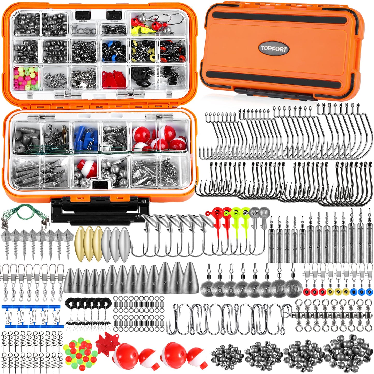 TOPFORT 187/343pcs Fishing Accessories Kit, Organized Fishing Tackle Box with Tackle Included, Fishing Hooks, Fishing Weights Sinkers, Fishing Gear and Equipment, Fishing Gift for Men
