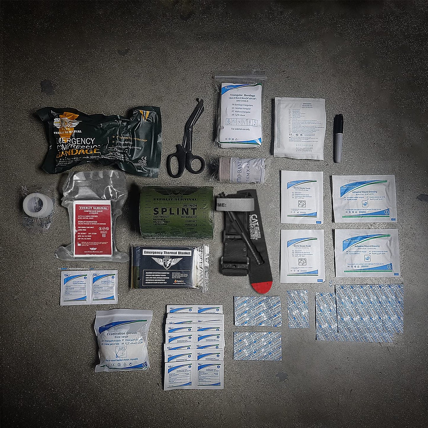 EVERLIT Emergency Trauma Kit, CAT GEN-7 Tourniquet 36" Splint, Military Combat Tactical IFAK for First Aid Response, Critical Wounds, Severe Bleeding Control (Black)