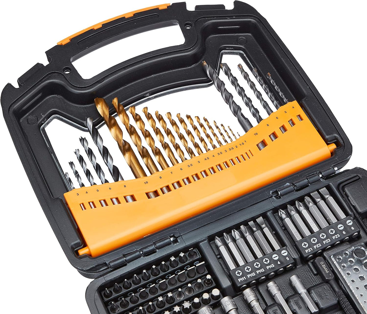 Amazon Basics Drill & Driver Multi Bit Set, Alloy Steel Wood Straight Drill Bits, for Metal, Wood, Plastic, Masonry, with Storage Case, 100-Piece