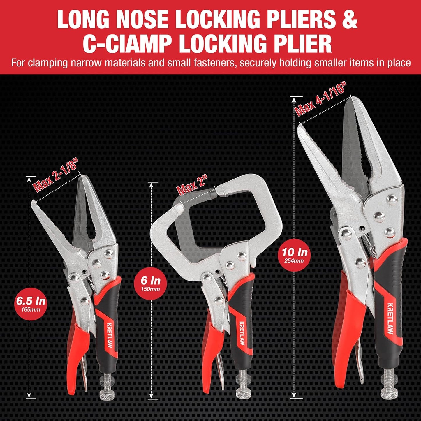 Vice Grips Pliers Set - 6-Piece Set Including 6-1/2" & 9-1/2" Long Nose, 5", 7" & 10" Curved Jaw, 6" C-Clamp Locking Pliers With Rolling Pouch