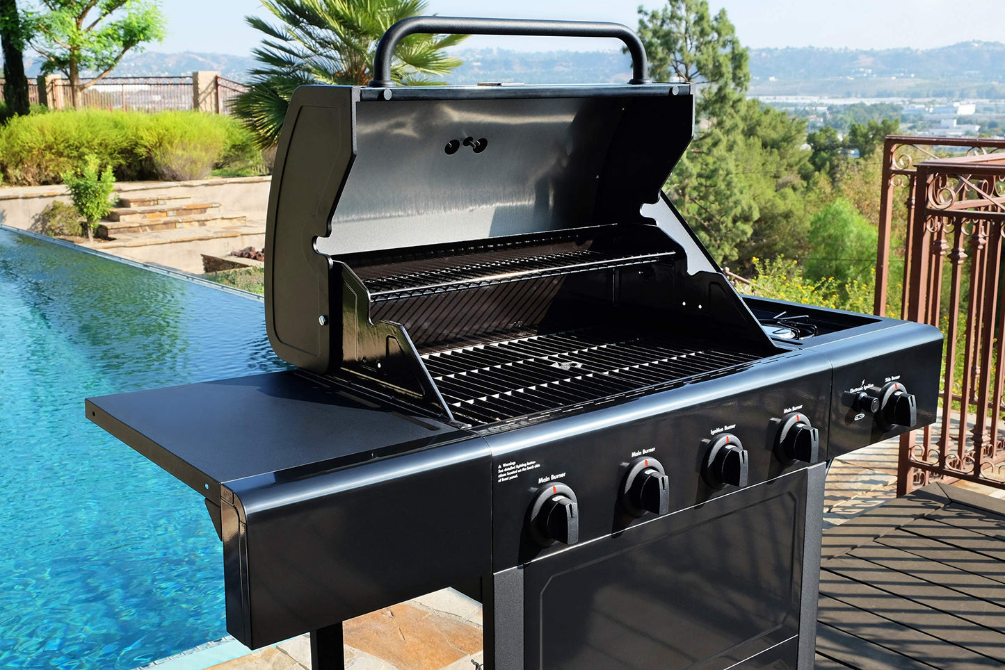 Kenmore 4-Burner Gas Grill with Side Burner, Outdoor BBQ Grill, Propane Gas Grill, Cast Iron Cooking Grates, Electronic Ignition, Warming Rack, Open Cart Design, 53000 BTUs, Stainless Steel and Black