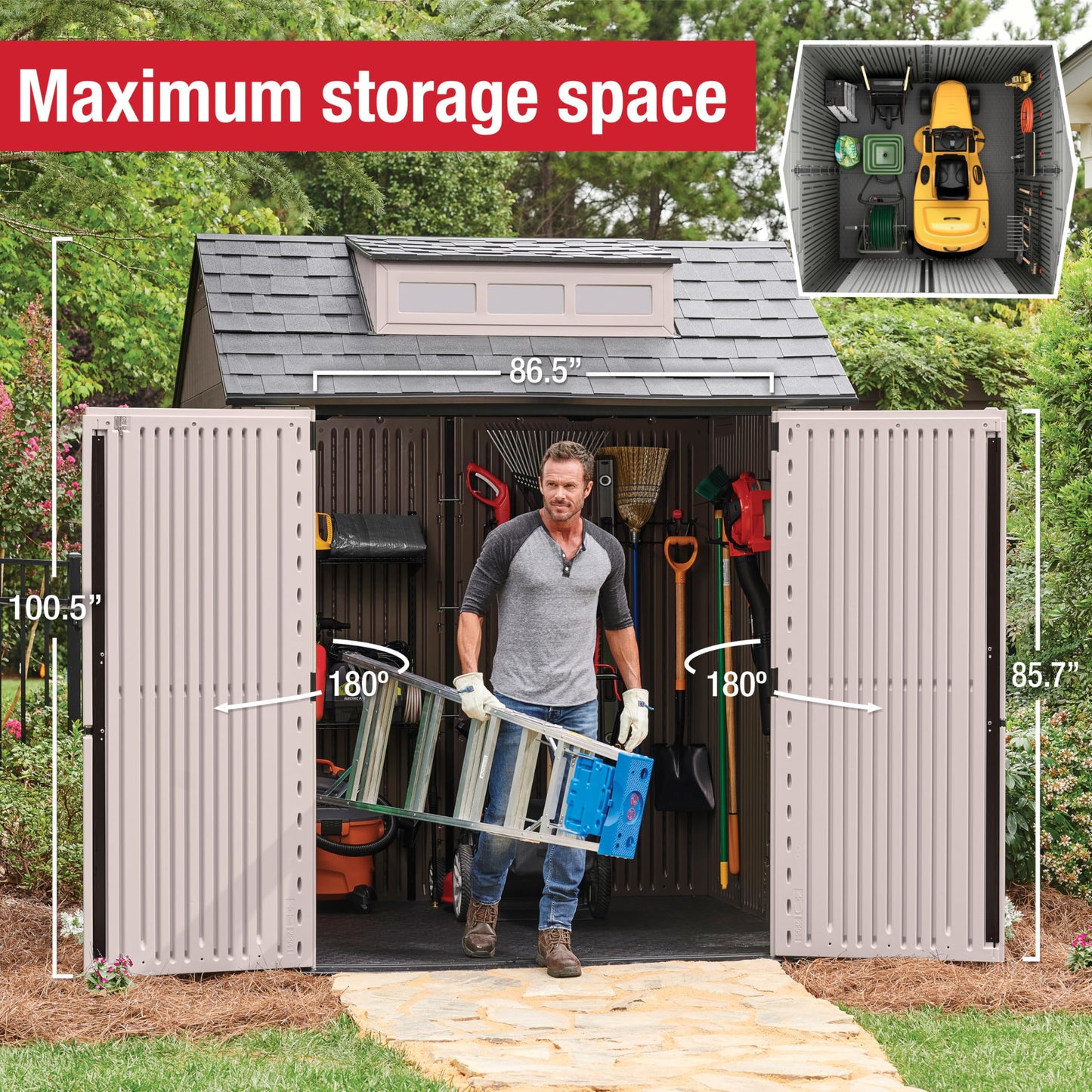 Rubbermaid Extra Large Resin Outdoor Storage Shed With Floor (7 x 10 Ft.), Weather Resistant, Brown, Organization for Home/Lawn Mower/Backyard Equipment/Bike Storage/Pool Supplies