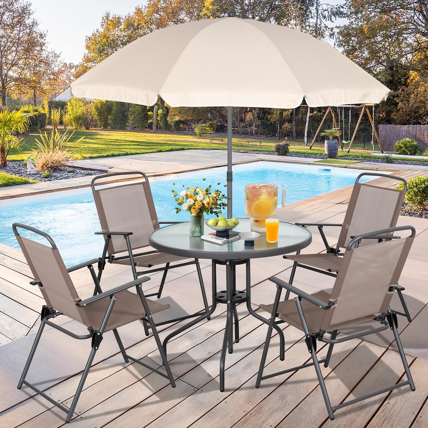 Vongrasig 6 Piece Folding Patio Dining Set,Small Metal Outdoor Garden Patio Table and Chair Set w/Umbrella for Lawn,Deck,Backyard,Black