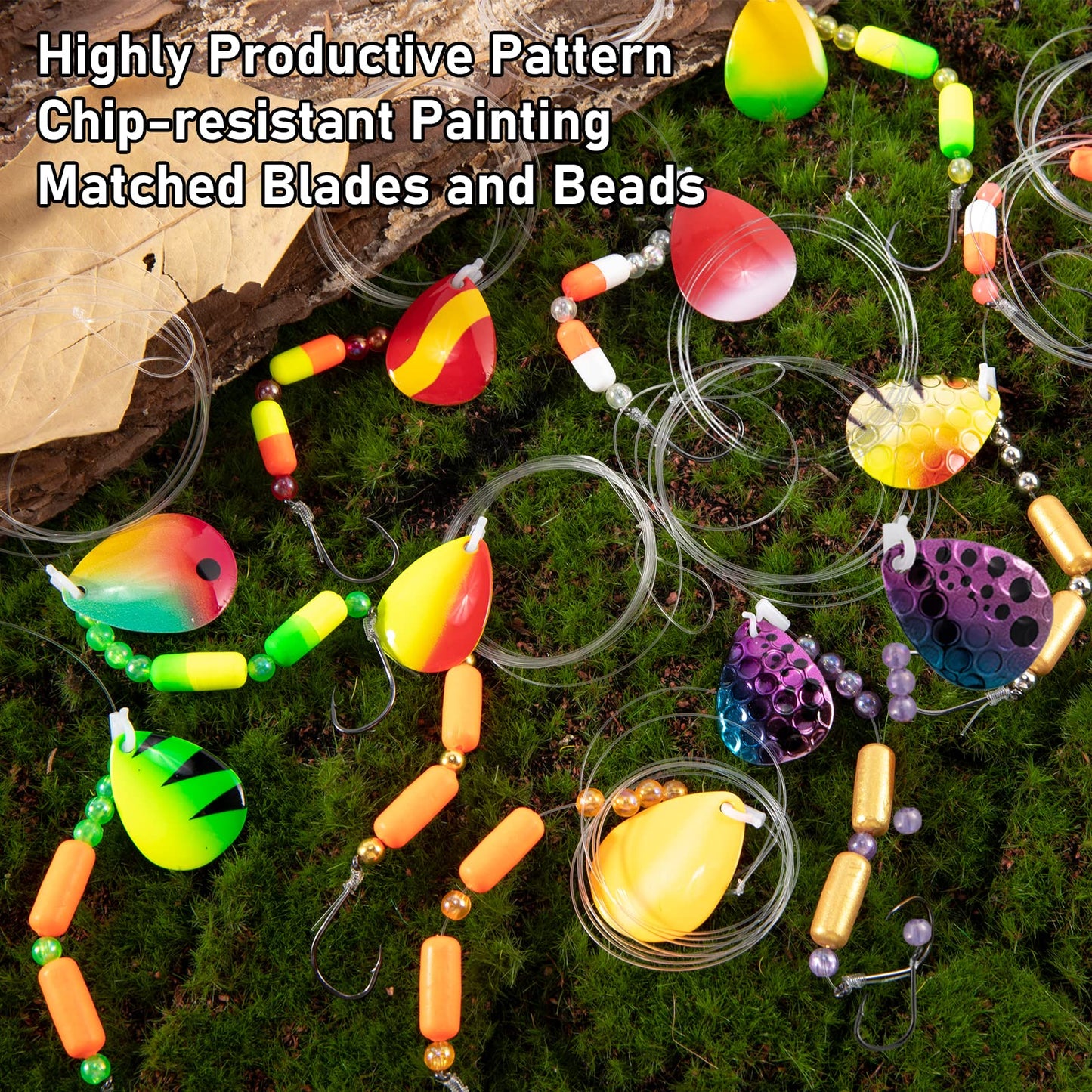 Dr. Fish 10 Pack Walleye Rigs Kit, 47 Inches, 15LB Mono Crawler Harness Walleye Float Rig Colorado Spinner Octopus Hooks for Freshwater Trolling
