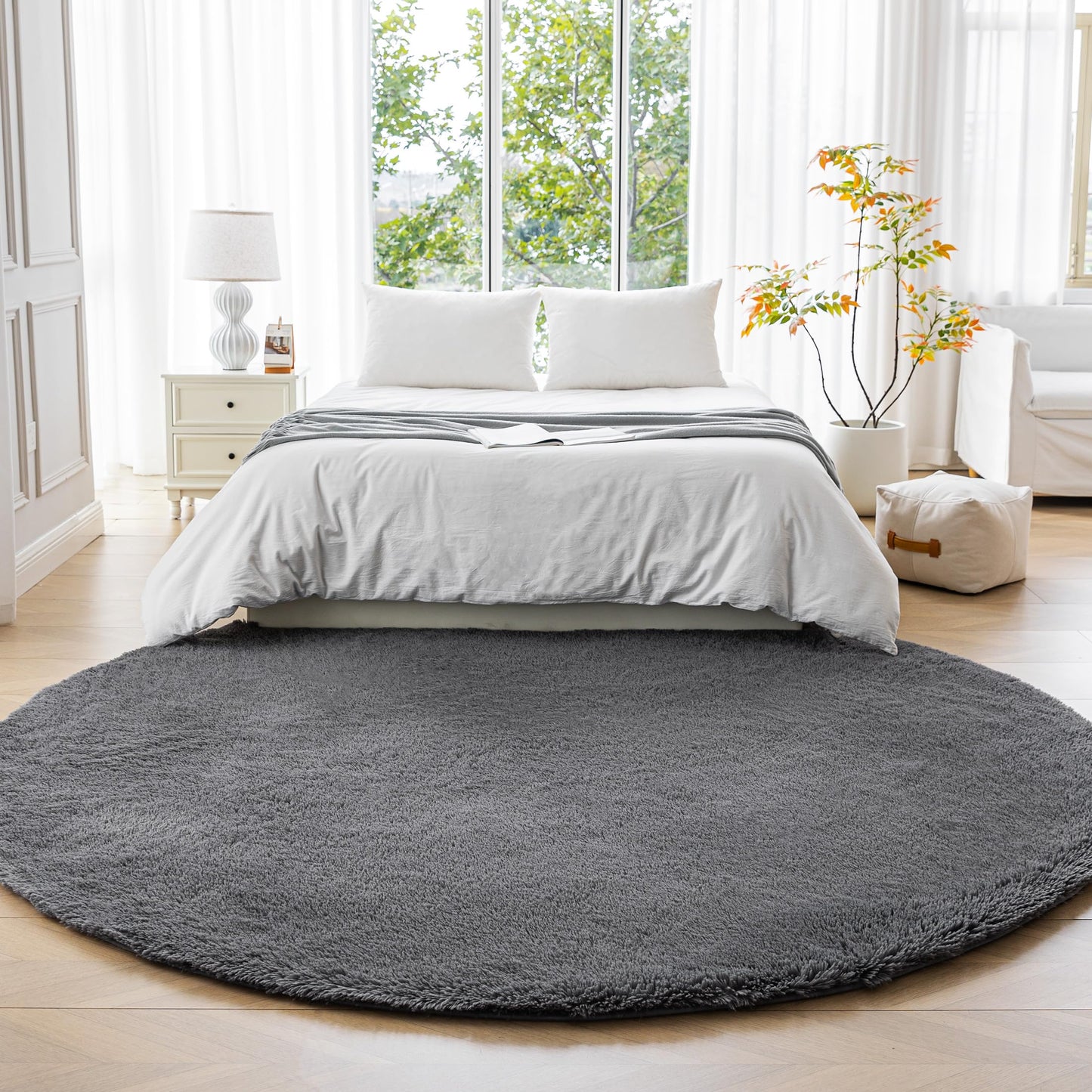Amazon Basics Fluffy Washable Round Area Rug, Circle Shaggy Carpet for Living Room, Bedroom, Nursery, 6'R, Dark Gray