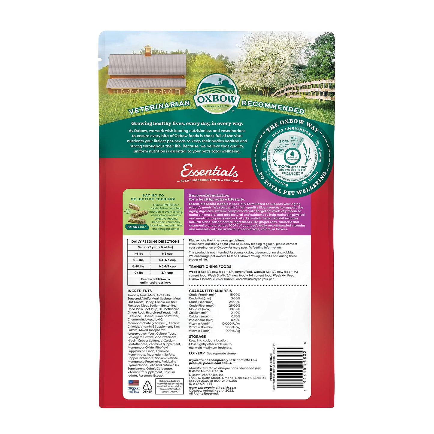 Oxbow Essentials Rabbit Food, Adult, Made with Oxbow Timothy Hay for Rabbit, Pet Pellets with Vitamins & Minerals, Small Animal Pet Products, Bunny Food, Made in USA, High Fiber, 10 lb. bag