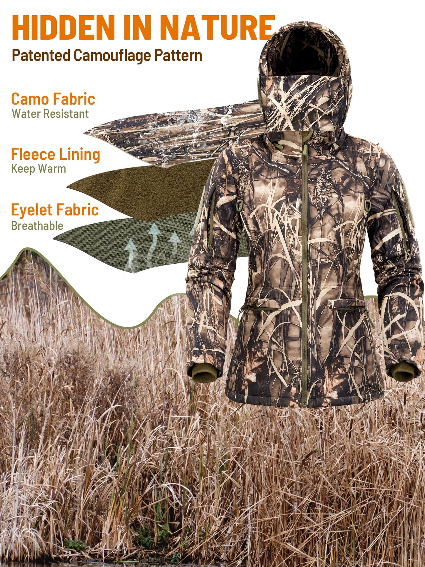 NEW VIEW Womens Hunting Clothes, Upgraded Ultra-Quiet Water Resistant Camo Hunting Jacket for Duck Waterfowl Deer Hunting