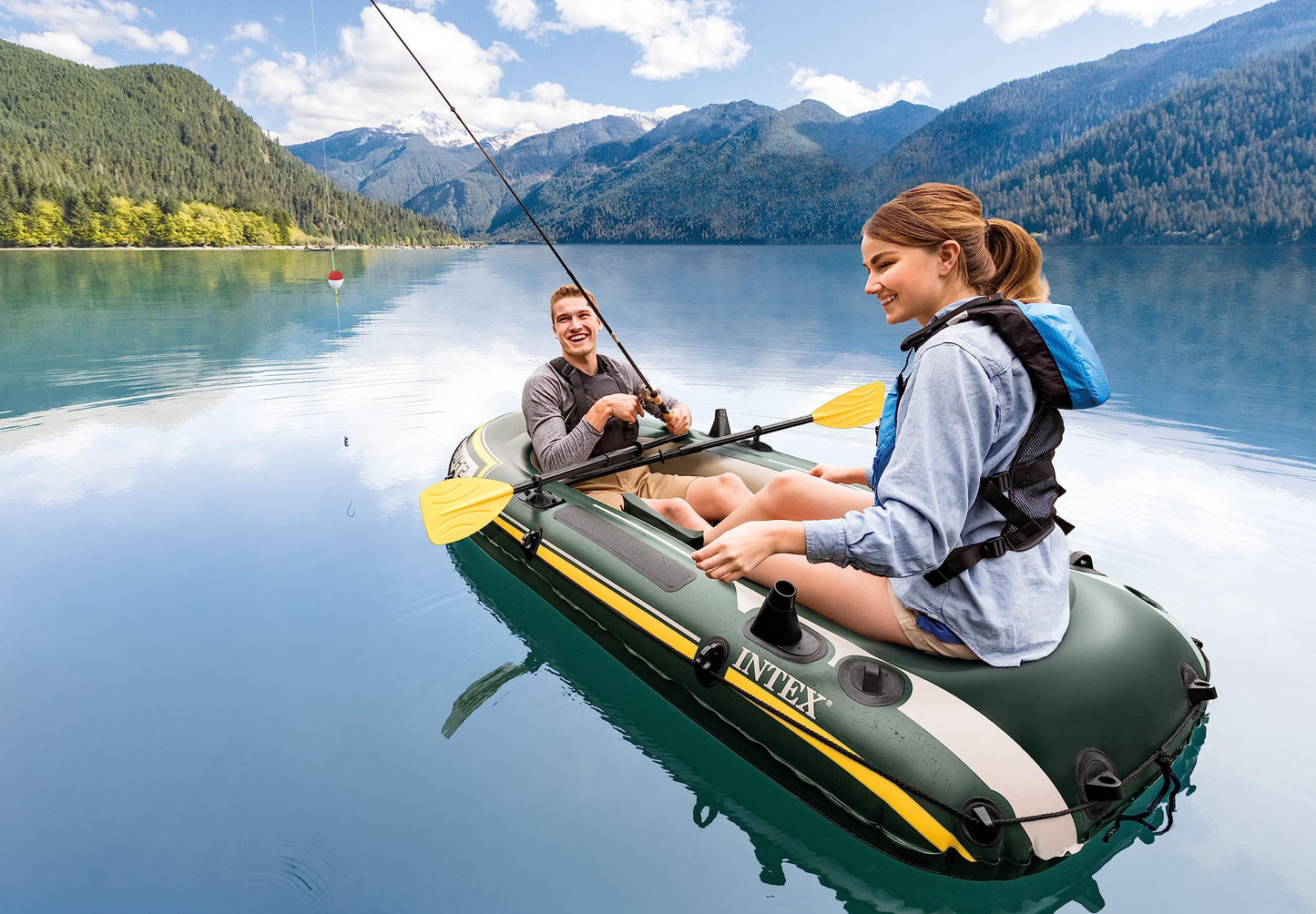 INTEX Seahawk Inflatable Boat Series: Includes Deluxe Aluminum Oars and High-Output Pump – SuperStrong PVC – Fishing Rod Holders – Heavy Duty Grab Handles – Gear Pouch