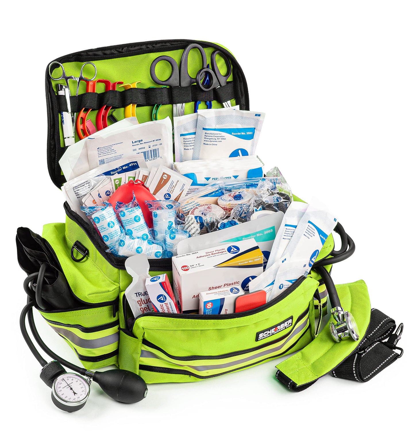 Scherber First Responder Fully-Stocked Professional Essentials EMT/EMS Trauma Kit | HSA/FSA Approved | Reflective Bag w/8 Zippered Pockets & Compartments & 200+ First Aid Supplies - Red