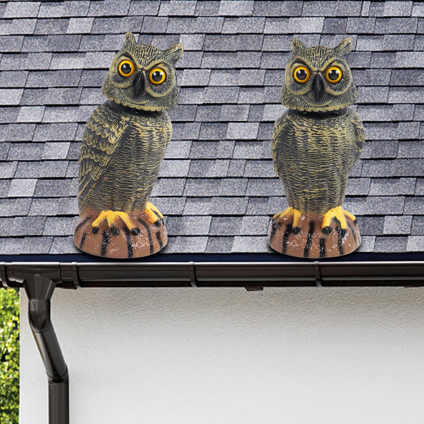 Hausse 2 Pack Bird Scarecrow Fake Owl Decoy Sculpture, Rotating Head Plastic Owl Bird Deterrents, 10.6 Inch Height Nature Enemy Horned Pest Repellent for Outdoor Garden Yard