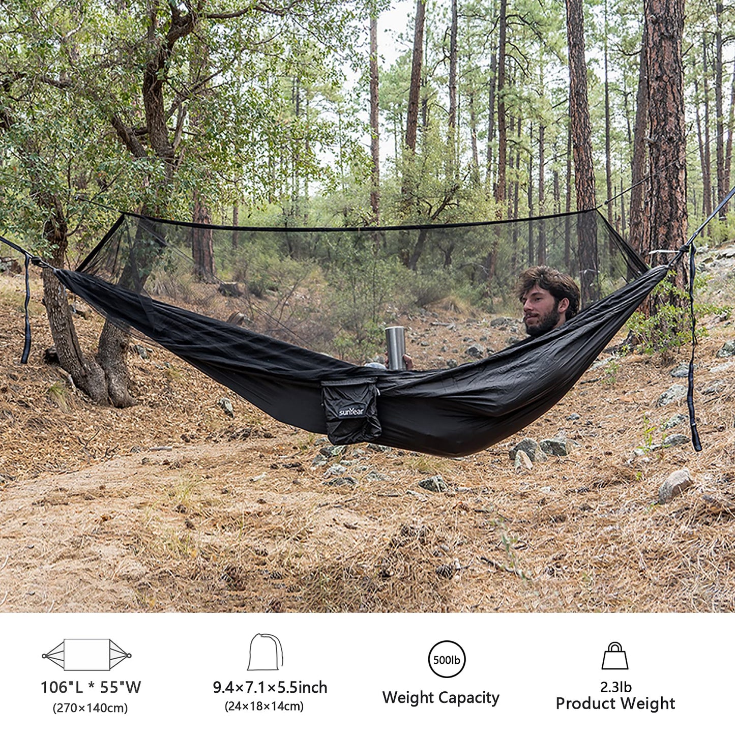 Sunyear Hammock Camping with Rain Fly Tarp and Net, Portable Camping Hammock Double Tree Hammock Outdoor Indoor Backpacking Travel & Survival, 2 Tree Straps,100% Waterproof
