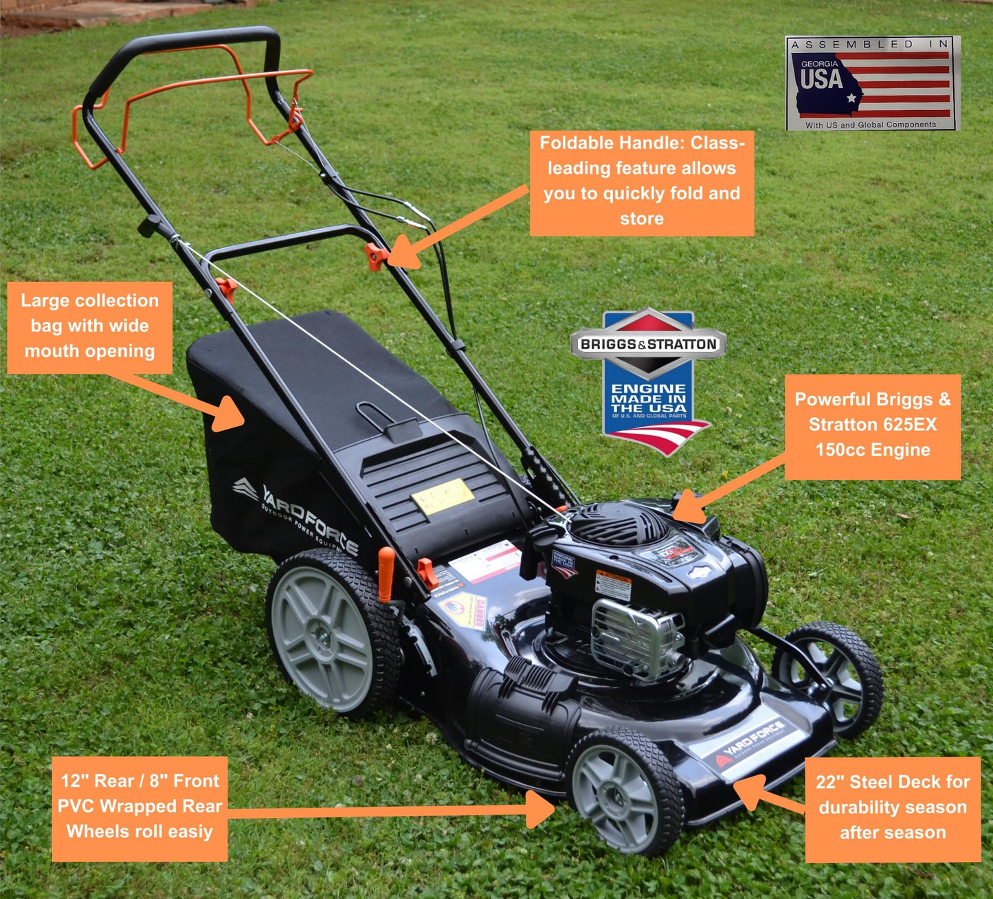 Yard Force Self Propelled Lawn Mower Briggs & Stratton 150cc Gas Engine 22-inch Steel Deck 3-in-1 Mulch, Bag, Side Discharge, 12-inch High Rear Wheels