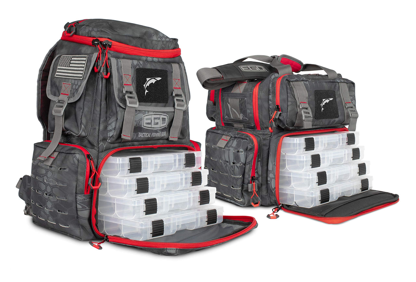 EGO Kryptek Tactical Tackle Box Backpack, Durable Fishing Tool Bag, 1000D Nylon Fabric with PVC Back, Water-Resistant, Multiple Storage Pockets, Laser-Cut Molle Loops, Includes 4 Tackle Trays