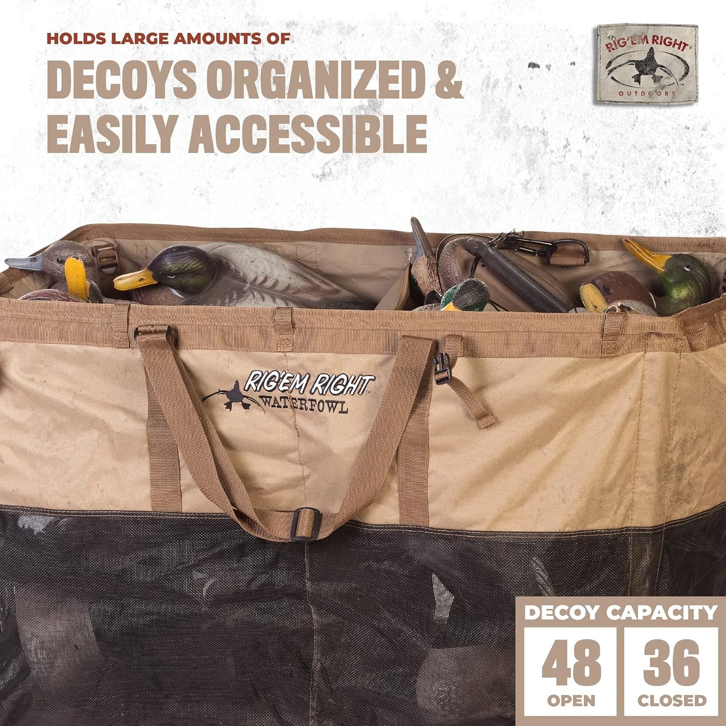 Rig'Em Right Waterfowl Foldable Tanker XL Bird Hunting Decoy Bag with Two-Man Carrying Handles and Large Padded Shoulder Straps - Holds 48 Duck Floaters in Open Position and 36 when Closed