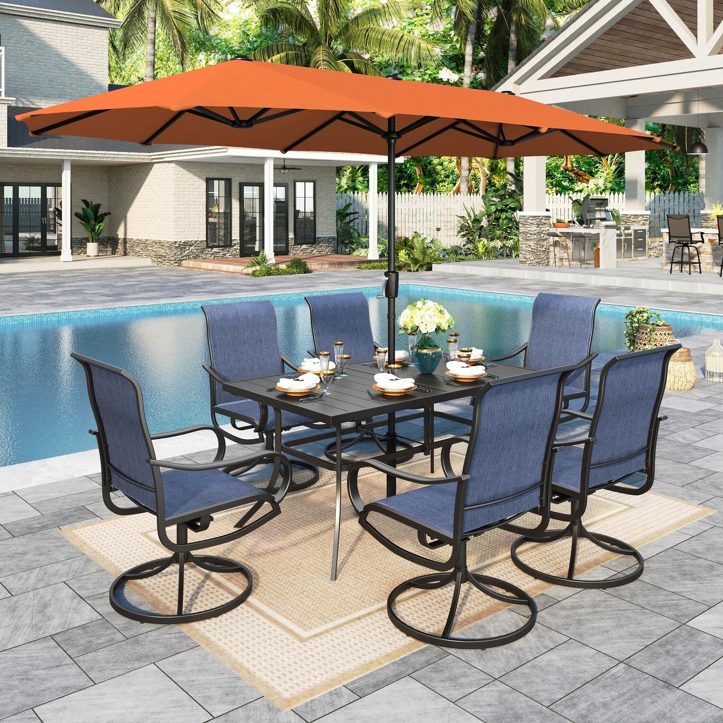 Sophia & William Patio Set with Umbrella 8 Pieces Outdoor Dining Set for 6 with 13ft Double-Sided Patio Umbrella Beige, 6 x Swivel Patio Chairs, 1 Metal Table for Lawn Garden