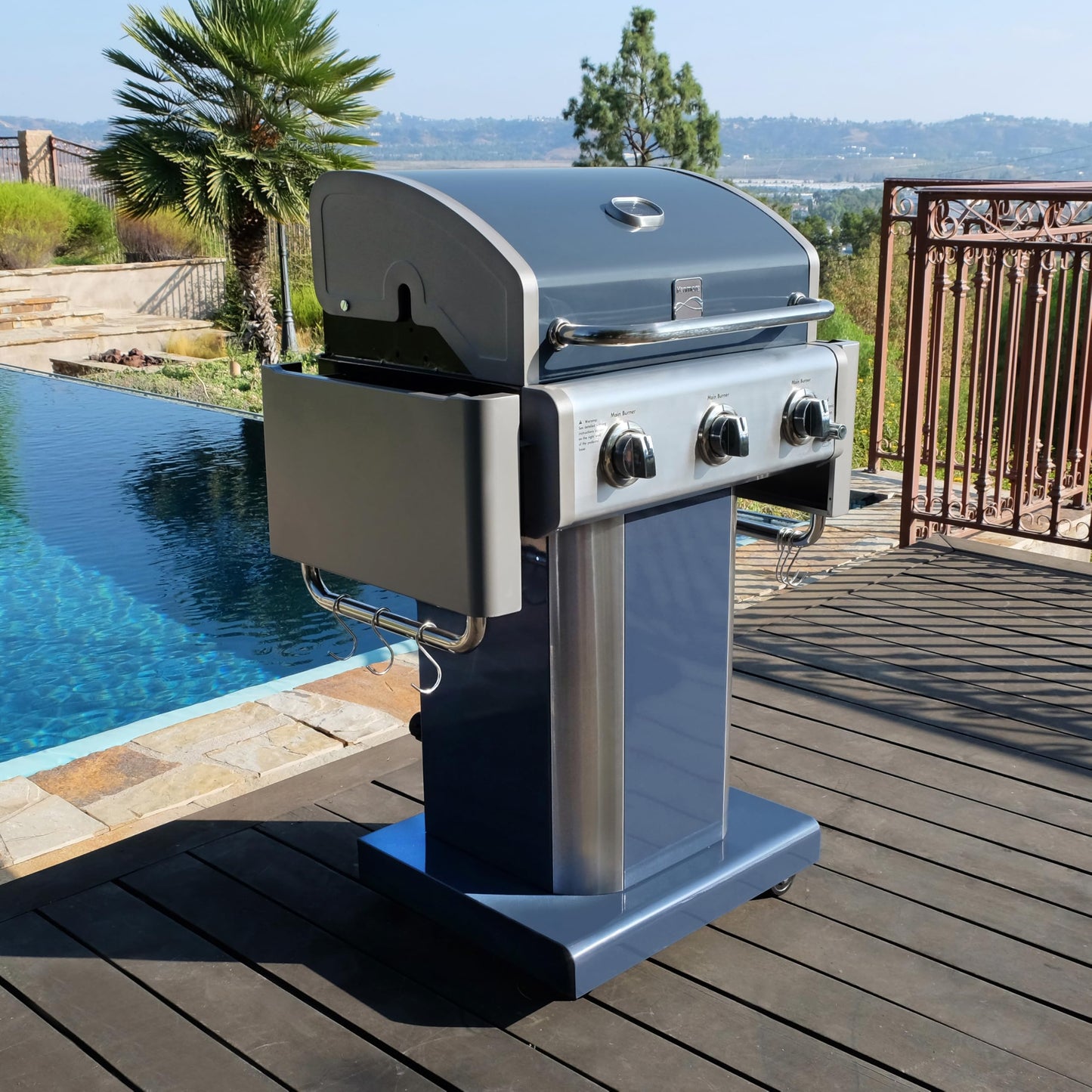 Kenmore 3-Burner Propane BBQ Grill, 30,000 BTUs Gas Grill with Cast Iron Cooking Grates, Folding Side Tables & Wheels, Outdoor Grill with Tool Hooks, Azure Blue