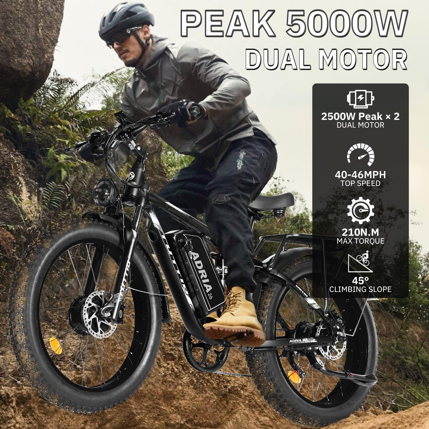 Peak 5000W-Electric-Bike for Adults-Men, Dual-Motor-Ebike 40-46MPH-Hunting-Ebike, 52V 30AH Long Range Dirtbike, 26" Fat-Tire-Electric-Bicycle, Full Suspension Mountain Bike for Off-Road Snow Sand
