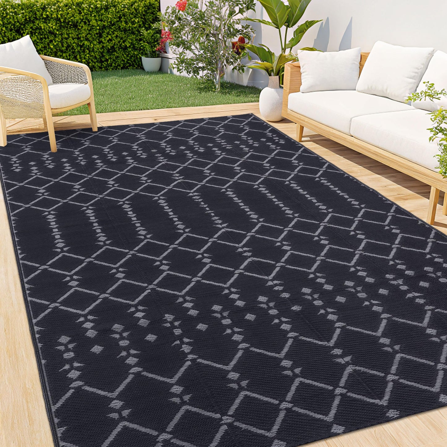 Smiry Waterproof Outdoor Rug 5x8 ft, Reversible Plastic Straw Patio Camping Rugs, Outdoor Indoor RV Mat Carpet for Patio, Outside Entry, Backyard, Deck, Bench, Picnic, Camper, Black & Beige