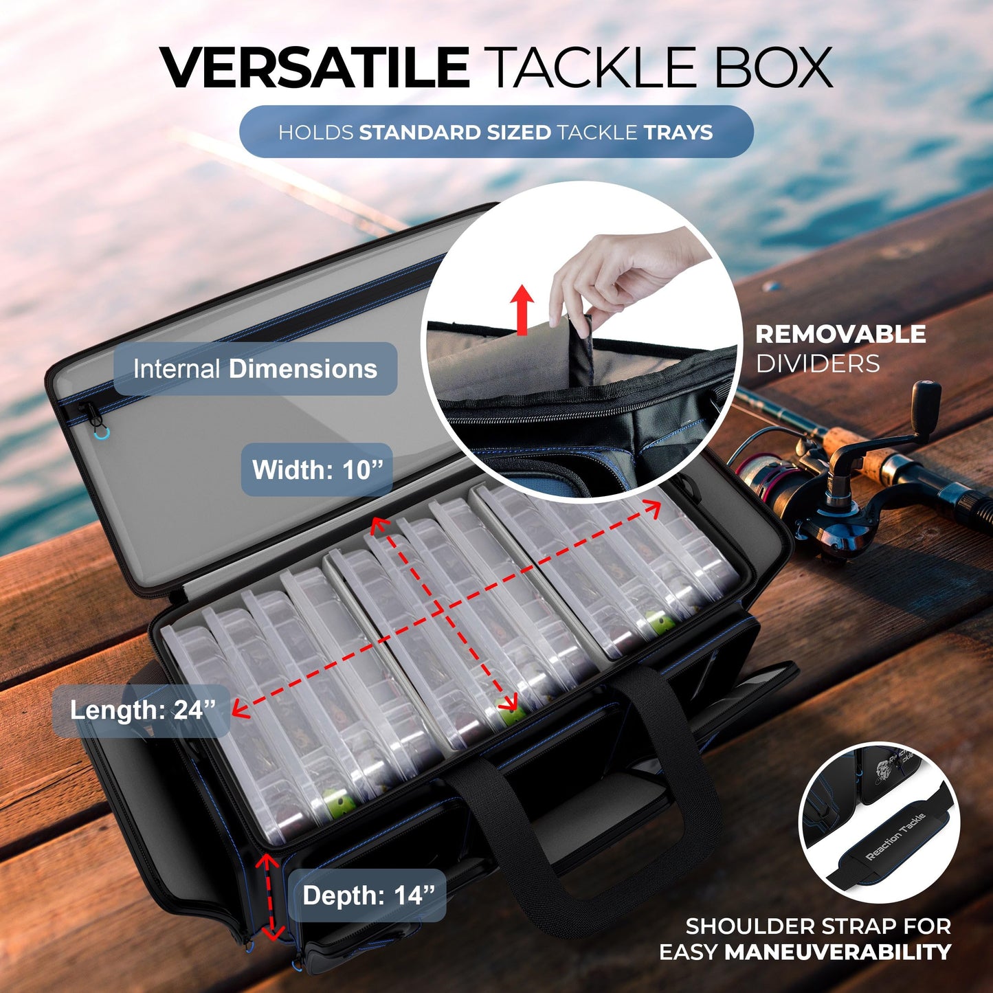 Reaction Tackle Fishing Tackle Bag – Salt Water Resistant Fishing Bag, 1000D PVC Waterproof Material, Tackle Box Organizer with Dividers for 3600 or 3700 Trays (Small, Medium, Backpack only fit 3600)