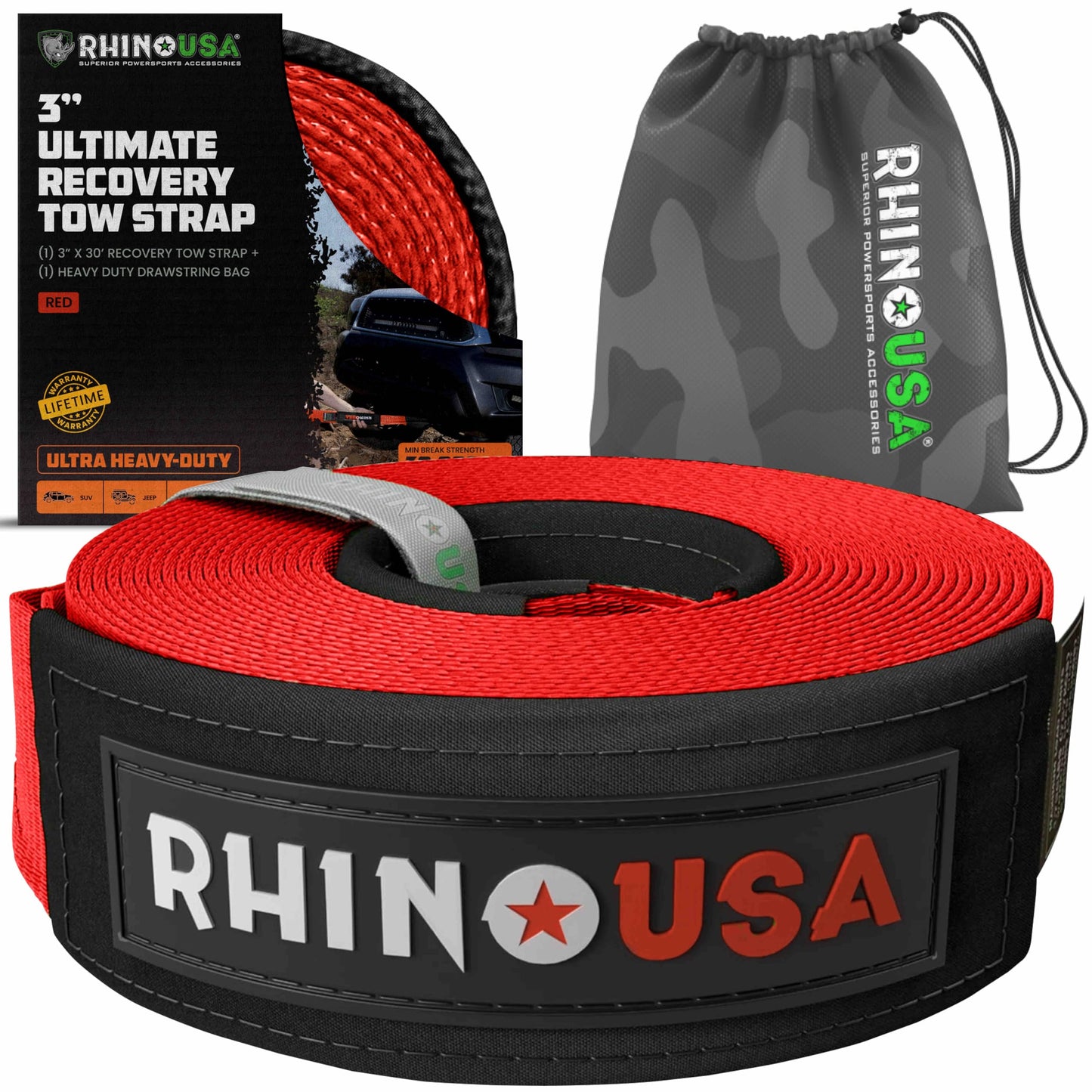 Rhino USA Recovery Tow Strap (3" x 20') - 31,518lb Break Strength - Emergency Recovery Strap Tow Rope for Truck, UTV, ATV & More - Heavy Duty Towing Strap for Offroad 4x4 Use - Compatible with Jeep