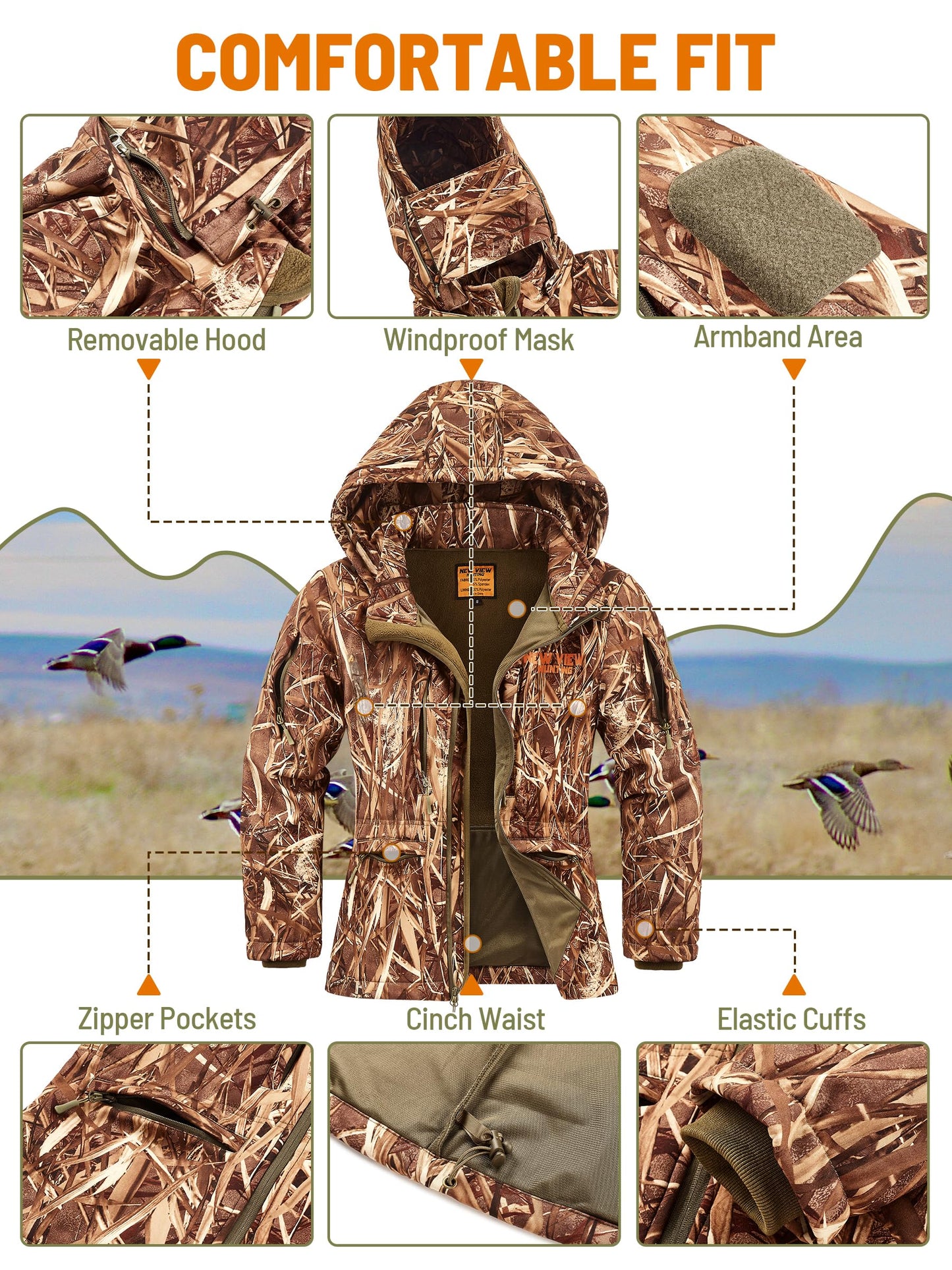 NEW VIEW Womens Hunting Clothes, Upgraded Ultra-Quiet Water Resistant Camo Hunting Jacket for Duck Waterfowl Deer Hunting