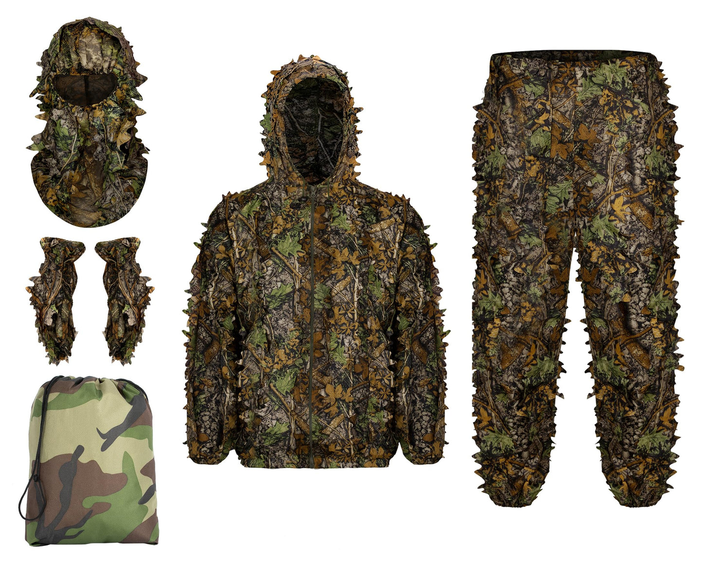 Ginsco Ghillie Suit Full Face Mask Gloves Set, 3D Leafy Camo Suit for Men, Outdoor Hunting Photography