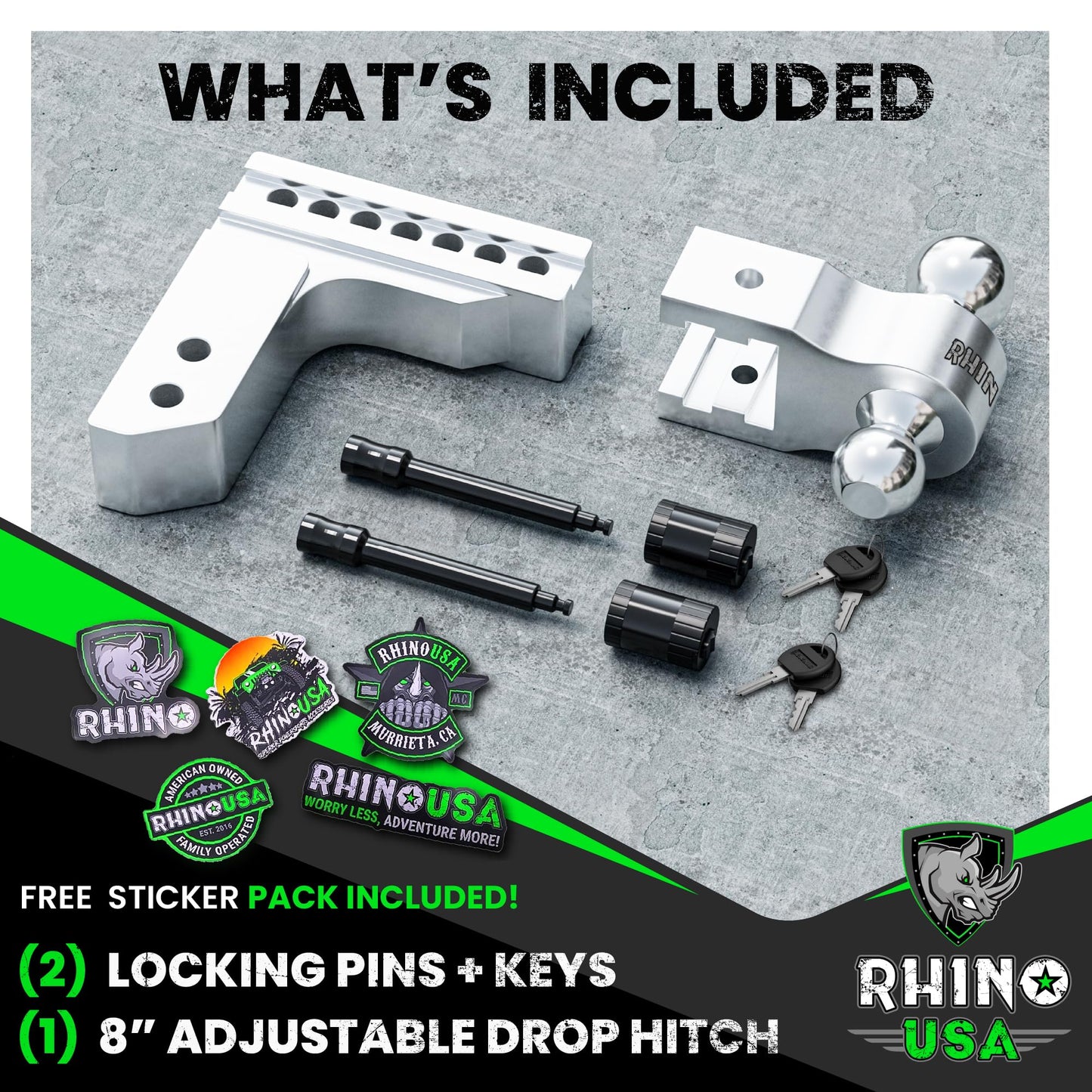 Rhino USA Adjustable Trailer Hitch (Fits 2-Inch Receiver) - Heavy Duty Aluminum Tow Hitches with 6-Inch Drop/Rise for Truck (12,500 LBS GTW) - Weatherproof Double Anti-Theft Locking Hitch Pins (Black)