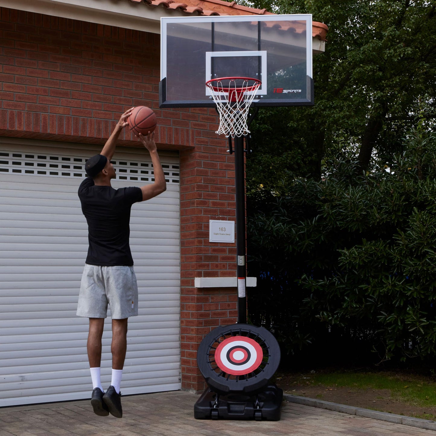 IE Sports Portable Basketball Hoop w/ 44" Backboard & Rebounder, 7.5-10 Ft Adjustable Height - Outdoor Basketball Equipment for Backyard, Driveway, and Garage