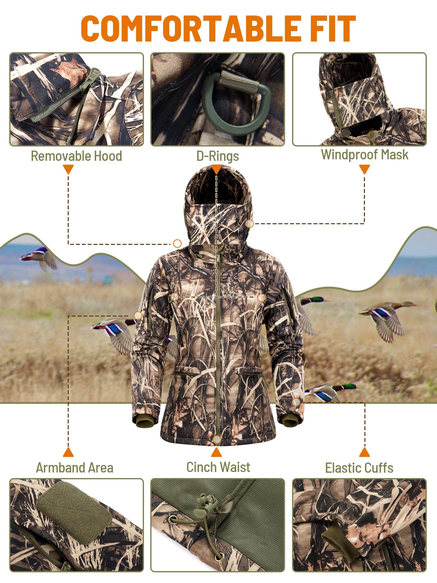 NEW VIEW Womens Hunting Clothes, Upgraded Ultra-Quiet Water Resistant Camo Hunting Jacket for Duck Waterfowl Deer Hunting