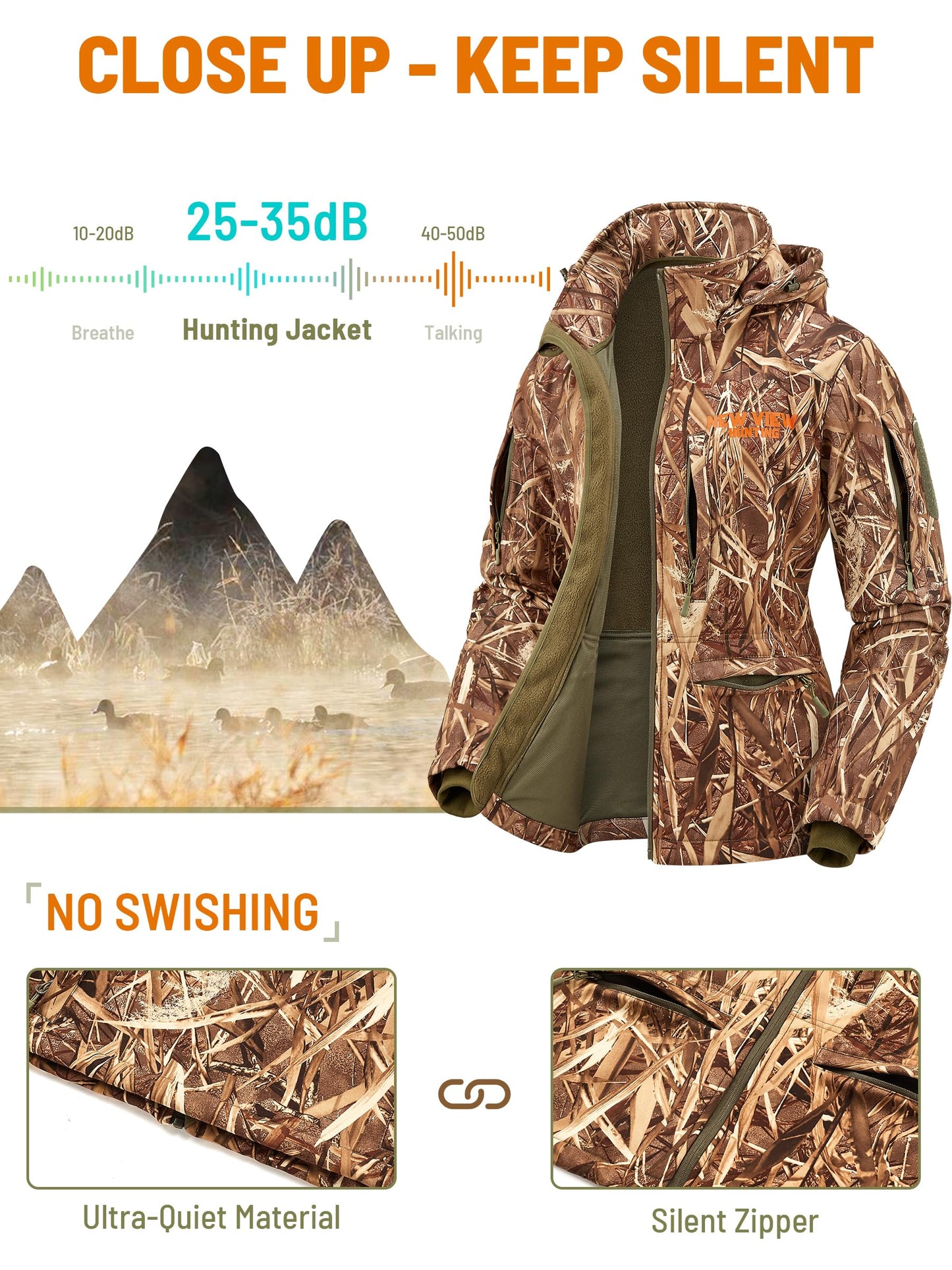 NEW VIEW Womens Hunting Clothes, Upgraded Ultra-Quiet Water Resistant Camo Hunting Jacket for Duck Waterfowl Deer Hunting