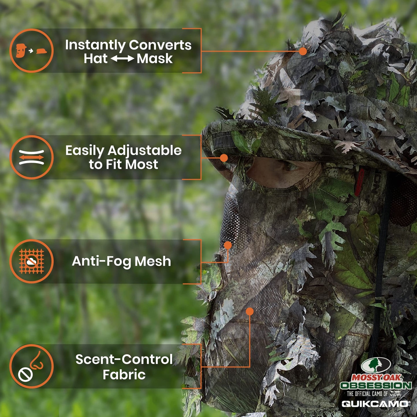 QuikCamo Realtree & Mossy Oak 3D Leafy Camo Face Mask Bucket Hat for Men Deer Duck and Turkey Hunting (Fully Adjustable OSFM)