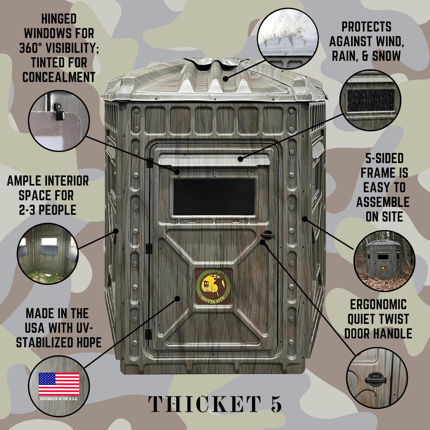 Outta Site Hunting Blind – 4 & 5 Sided High Density Plastic Hunting Blind – 1-2 & 2-3 Person Hard-Sided Ground Blind for Deer, Turkey Hunting – 360 Views – Arctic Snow Camo, Habitat Olive, Thicket Oak