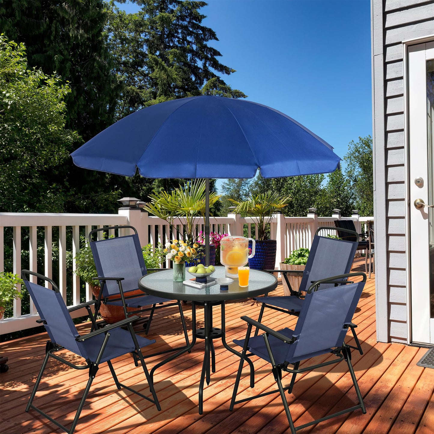 Vongrasig 6 Piece Folding Patio Dining Set,Small Metal Outdoor Garden Patio Table and Chair Set w/Umbrella for Lawn,Deck,Backyard,Black