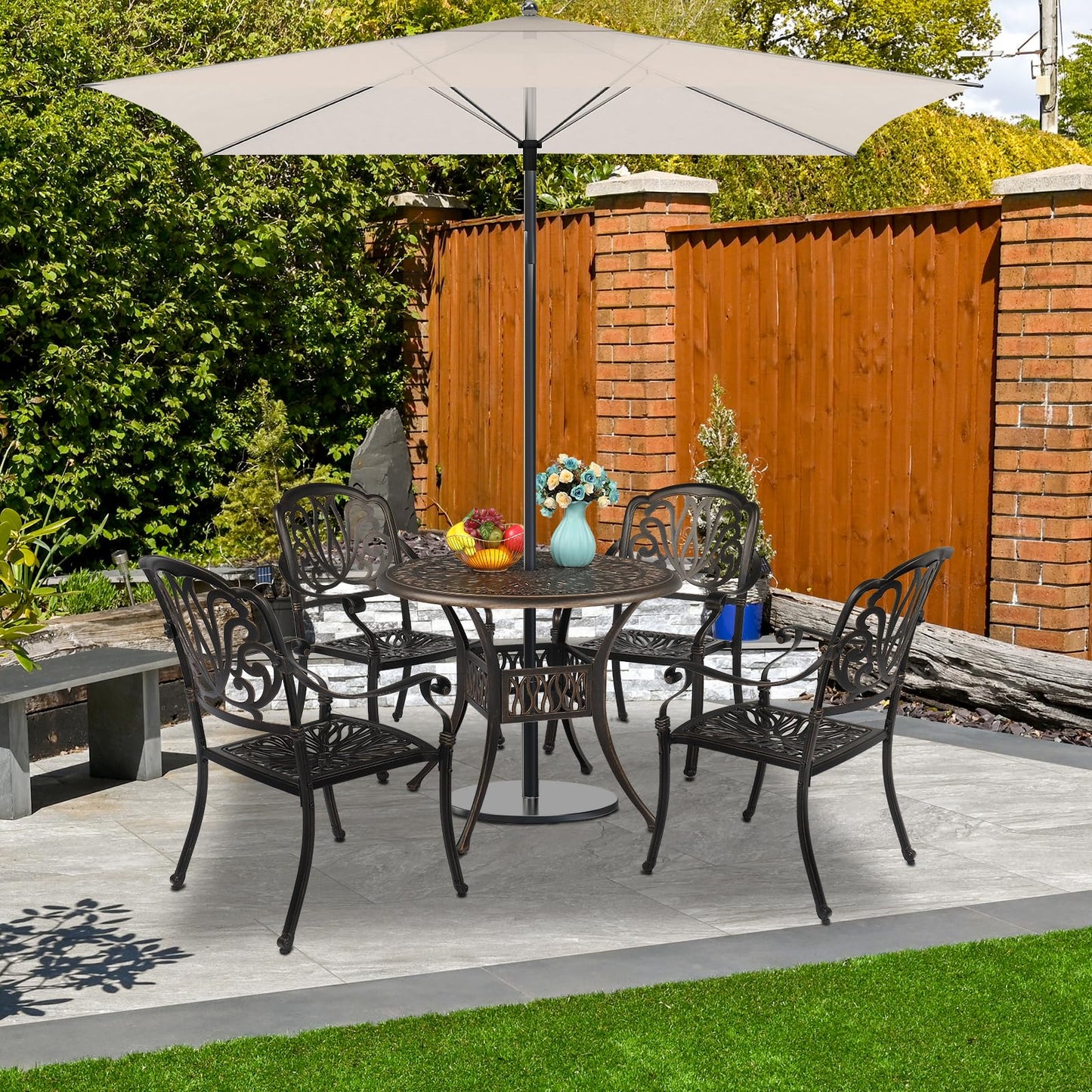VINGLI 5 Pieces Outdoor Patio Dining Set, Cast Aluminium Patio Furniture Set with 4 Chairs and 1 Umbrella Table for Yard, Garden, Porch and Poolside, Bronze (Square Table)