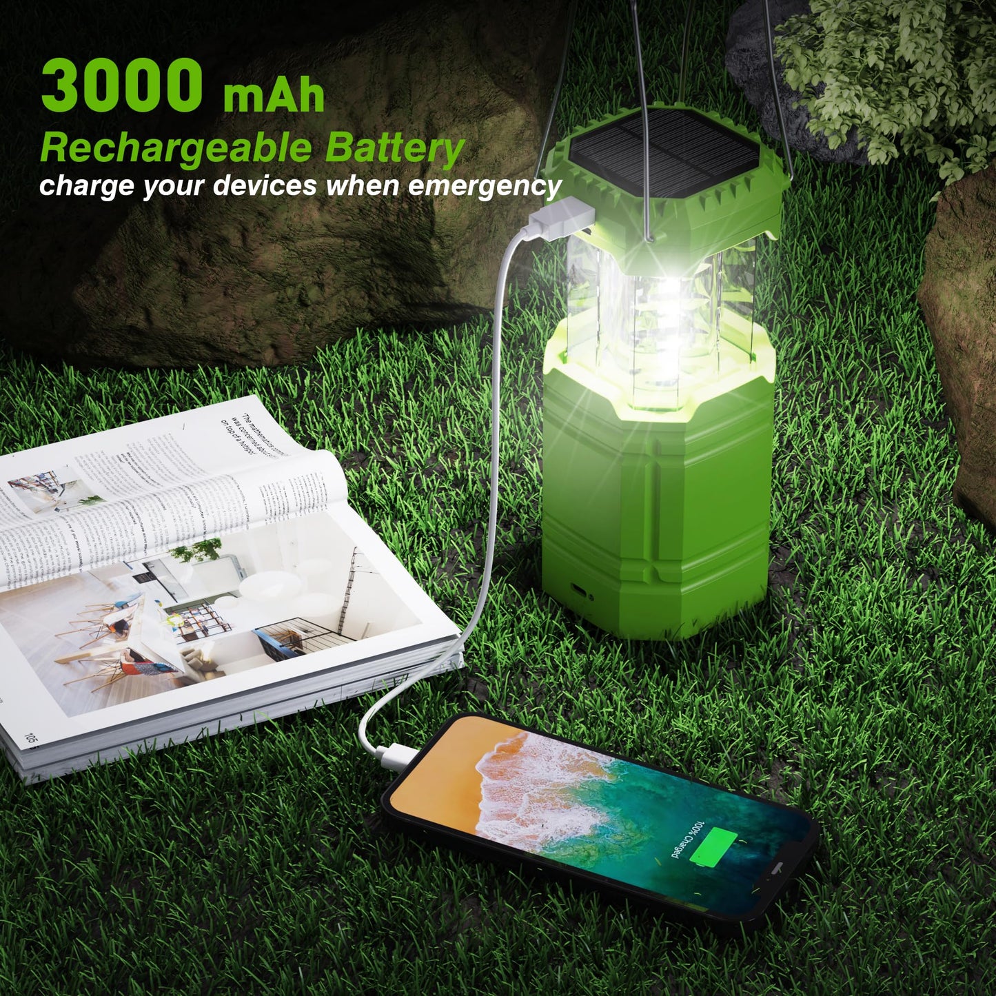 3000 Large Capacity Hand Crank Solar Camping Lantern, Portable Ultra Bright LED Torch, 23-26 Hours Running Time, USB Charger, Electronic Lantern for Outdoor