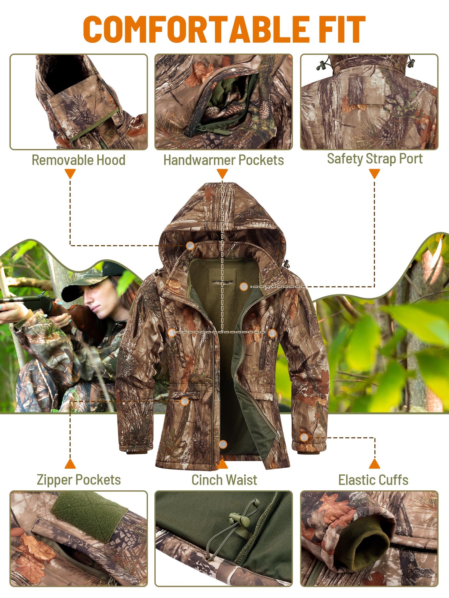 NEW VIEW Womens Hunting Clothes, Upgraded Ultra-Quiet Water Resistant Camo Hunting Jacket for Duck Waterfowl Deer Hunting