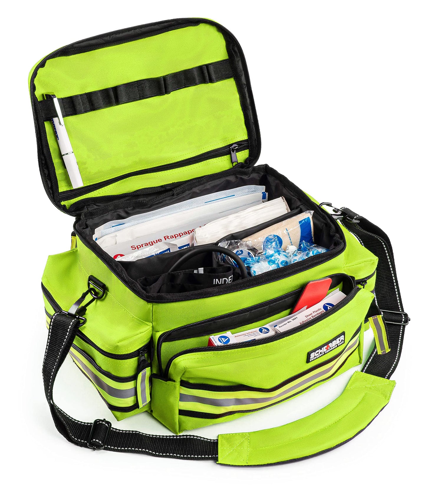 Scherber First Responder Fully-Stocked Professional Essentials EMT/EMS Trauma Kit | HSA/FSA Approved | Reflective Bag w/8 Zippered Pockets & Compartments & 200+ First Aid Supplies - Red