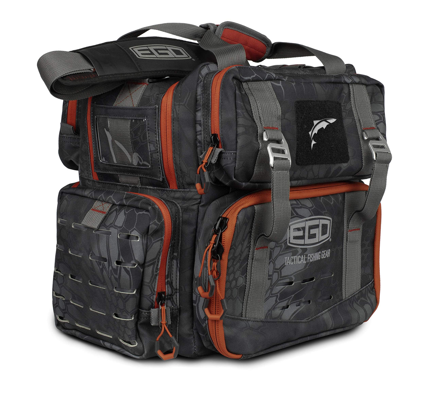 EGO Kryptek Tactical Tackle Box Backpack, Durable Fishing Tool Bag, 1000D Nylon Fabric with PVC Back, Water-Resistant, Multiple Storage Pockets, Laser-Cut Molle Loops, Includes 4 Tackle Trays