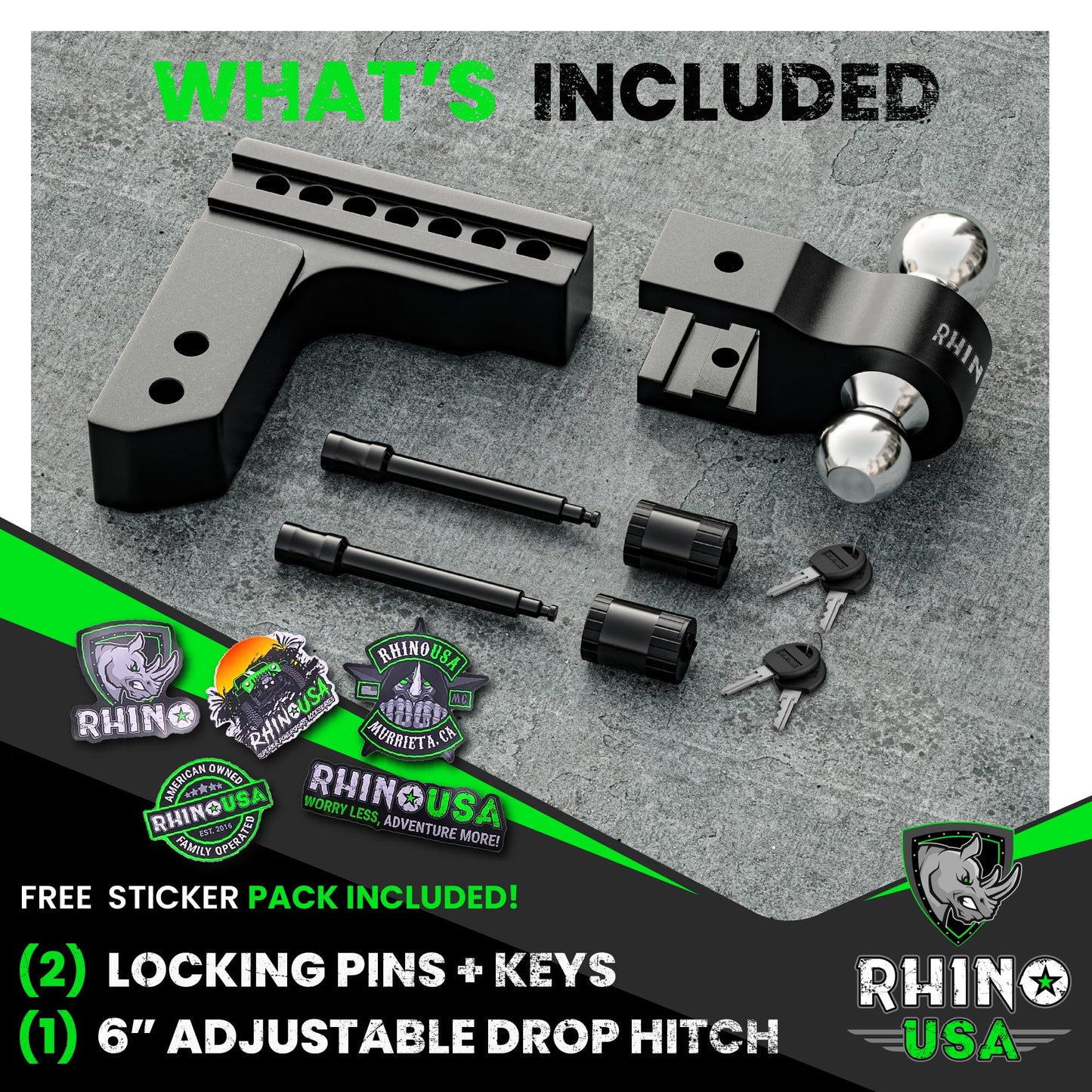 Rhino USA Adjustable Trailer Hitch (Fits 2-Inch Receiver) - Heavy Duty Aluminum Tow Hitches with 6-Inch Drop/Rise for Truck (12,500 LBS GTW) - Weatherproof Double Anti-Theft Locking Hitch Pins (Black)