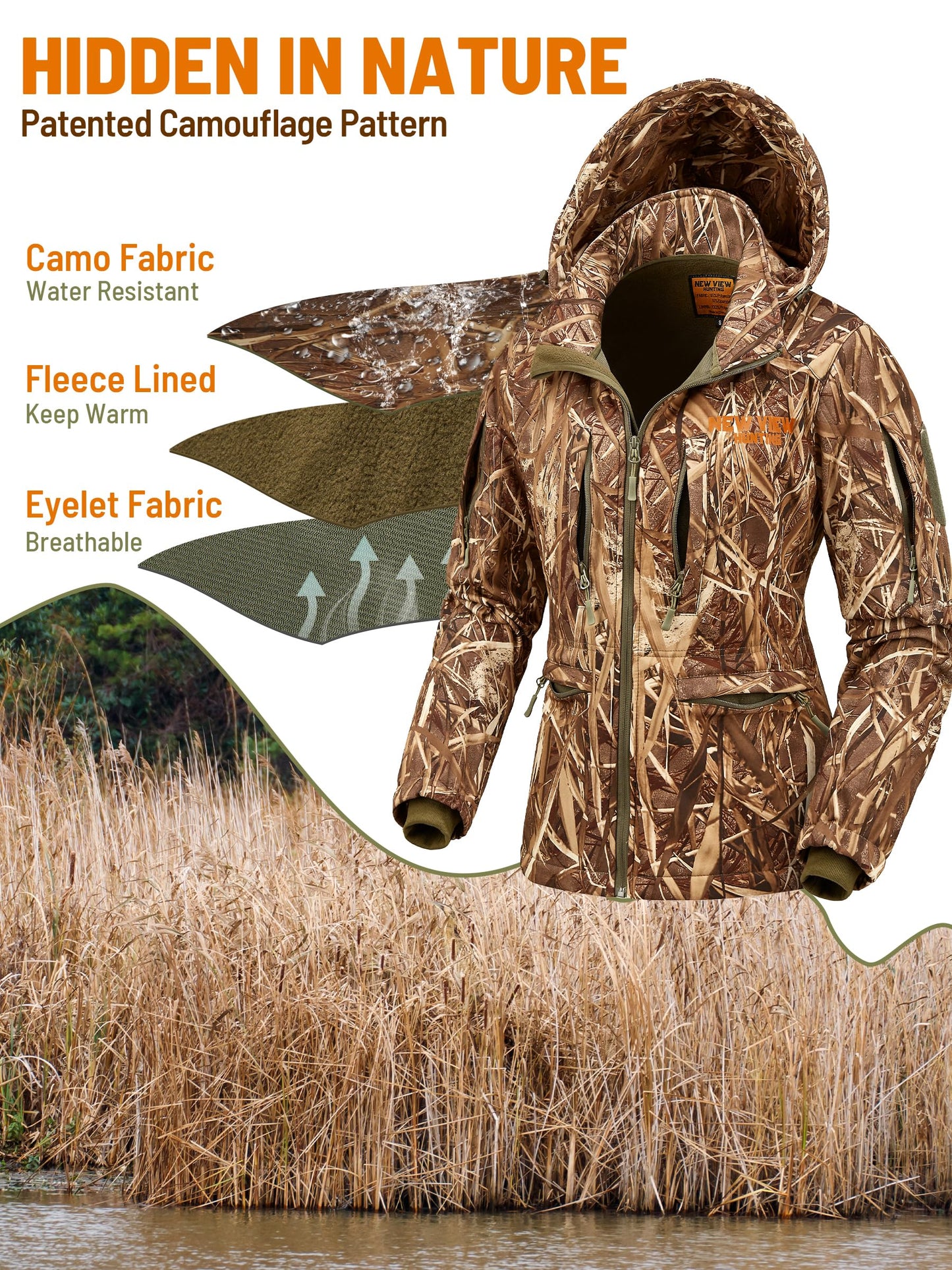 NEW VIEW Womens Hunting Clothes, Upgraded Ultra-Quiet Water Resistant Camo Hunting Jacket for Duck Waterfowl Deer Hunting