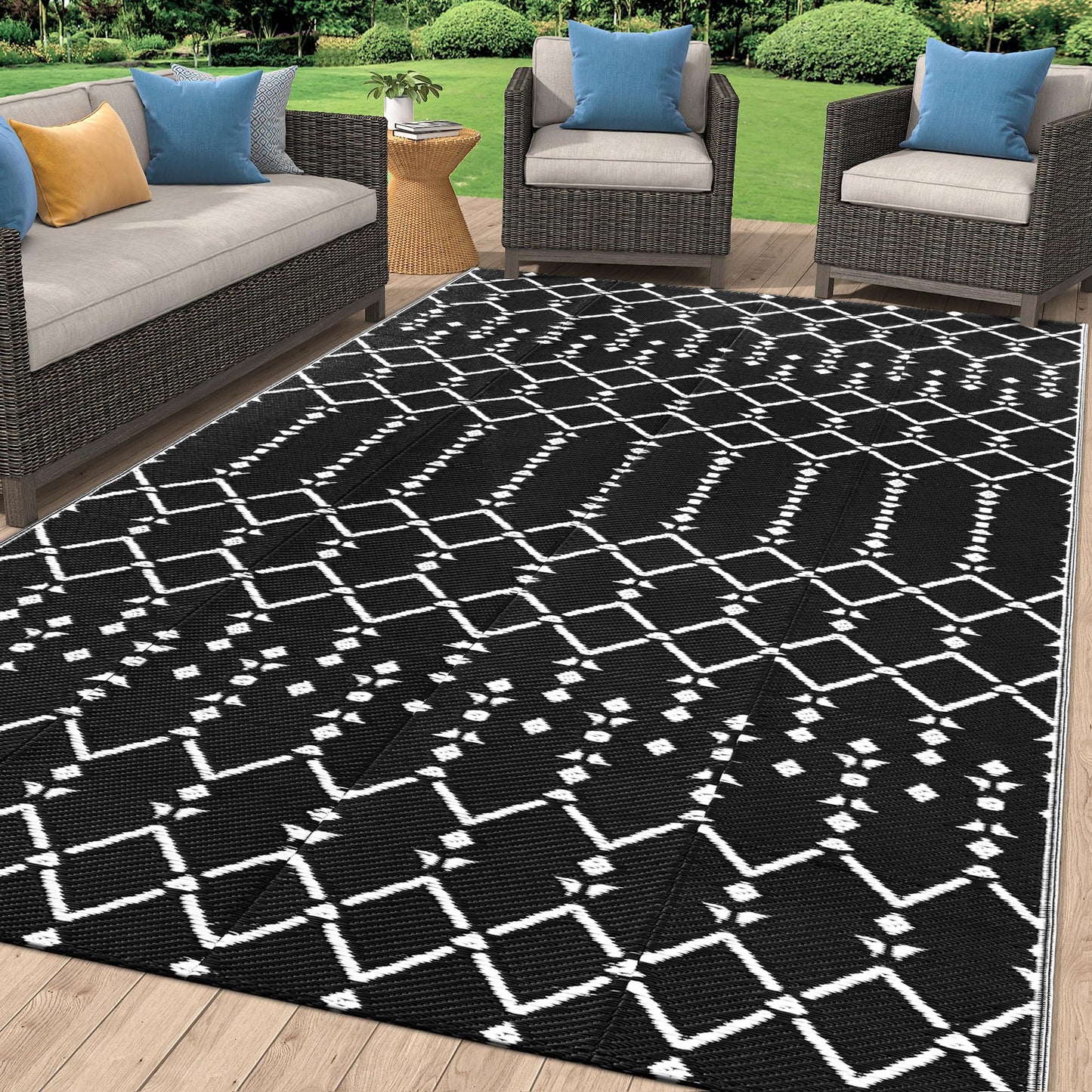 Smiry Waterproof Outdoor Rug 5x8 ft, Reversible Plastic Straw Patio Camping Rugs, Outdoor Indoor RV Mat Carpet for Patio, Outside Entry, Backyard, Deck, Bench, Picnic, Camper, Black & Beige
