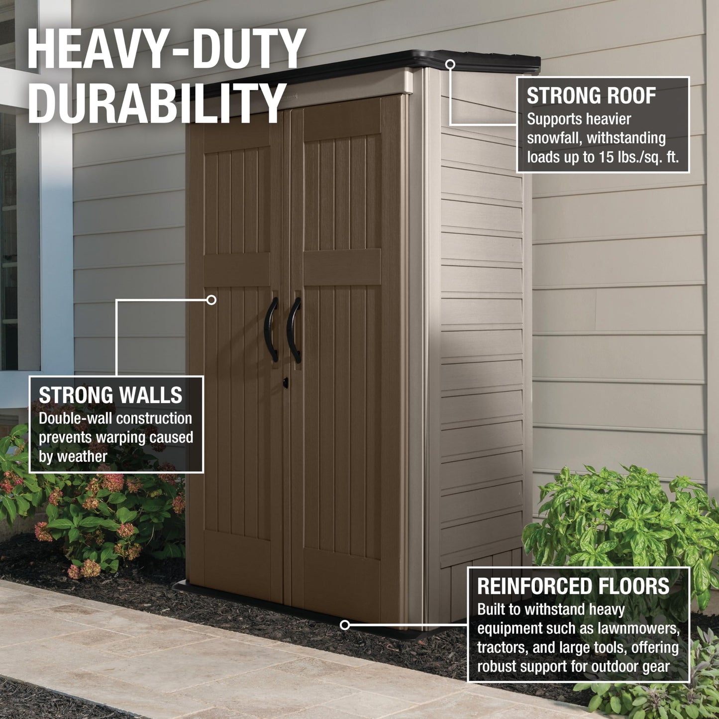 Rubbermaid Vertical Resin Outdoor Storage Shed With Floor (4 x 2.5 Ft) Weather Resistant Brown Organization for Home/Backyard/Garden Tools/Porch/Patio Cushions/Pool Chemicals/Toys