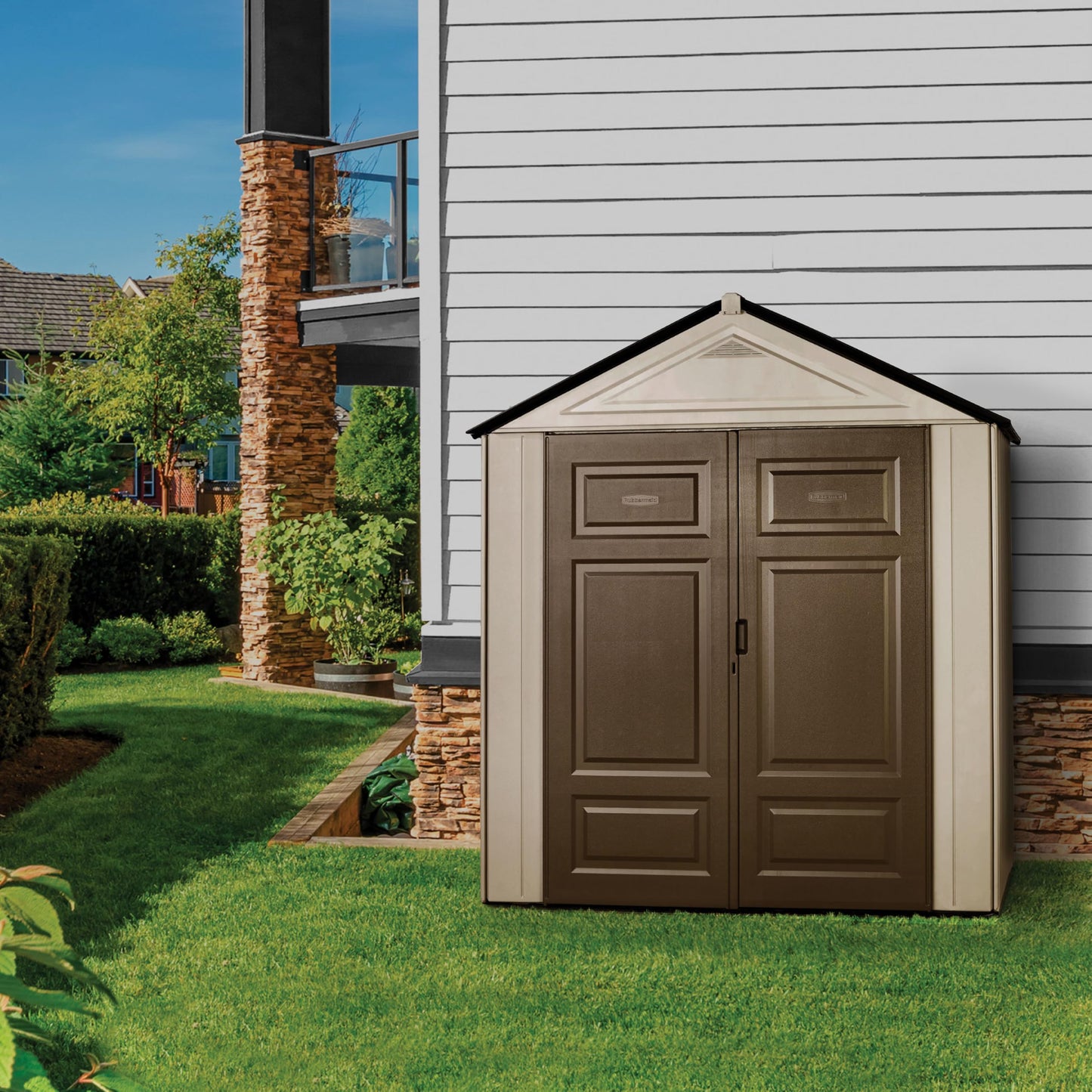 Rubbermaid Resin Outdoor Storage Shed With Floor (7 x 3.5 Ft), Weather Resistant, Beige/White, Organization for Home/Backyard/Garden Tools/Lawn Mower/Bike Storage/Pool Supplies