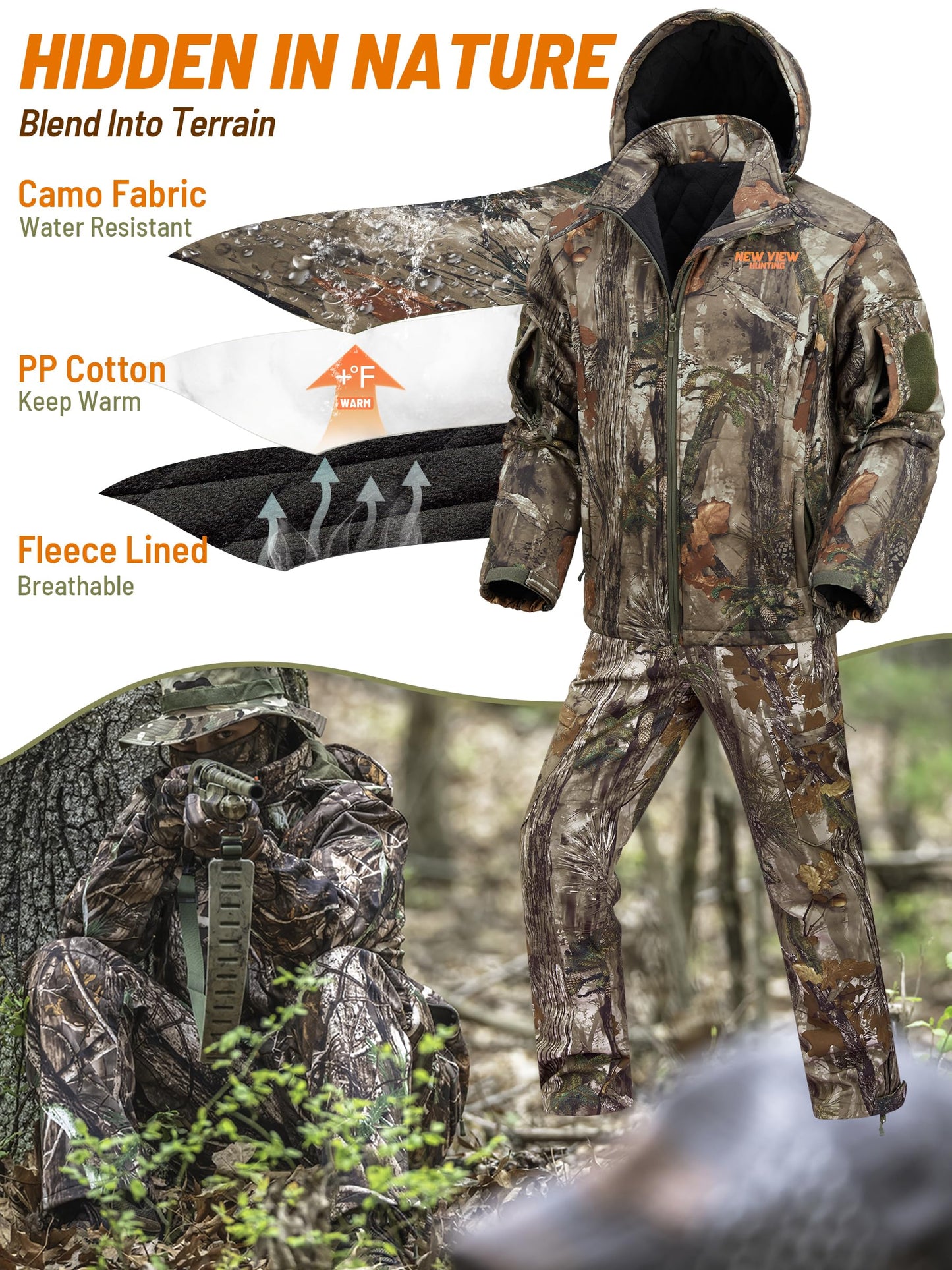 NEW VIEW Insulated Hunting Clothes for Men Cold Weather, Warm Camo Hunting Jacket and Pants, Hunting Suit for Deer Duck Hunts