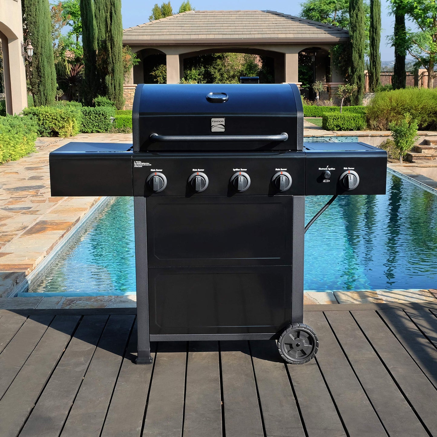 Kenmore 4-Burner Gas Grill with Side Burner, Outdoor BBQ Grill, Propane Gas Grill, Cast Iron Cooking Grates, Electronic Ignition, Warming Rack, Open Cart Design, 53000 BTUs, Stainless Steel and Black