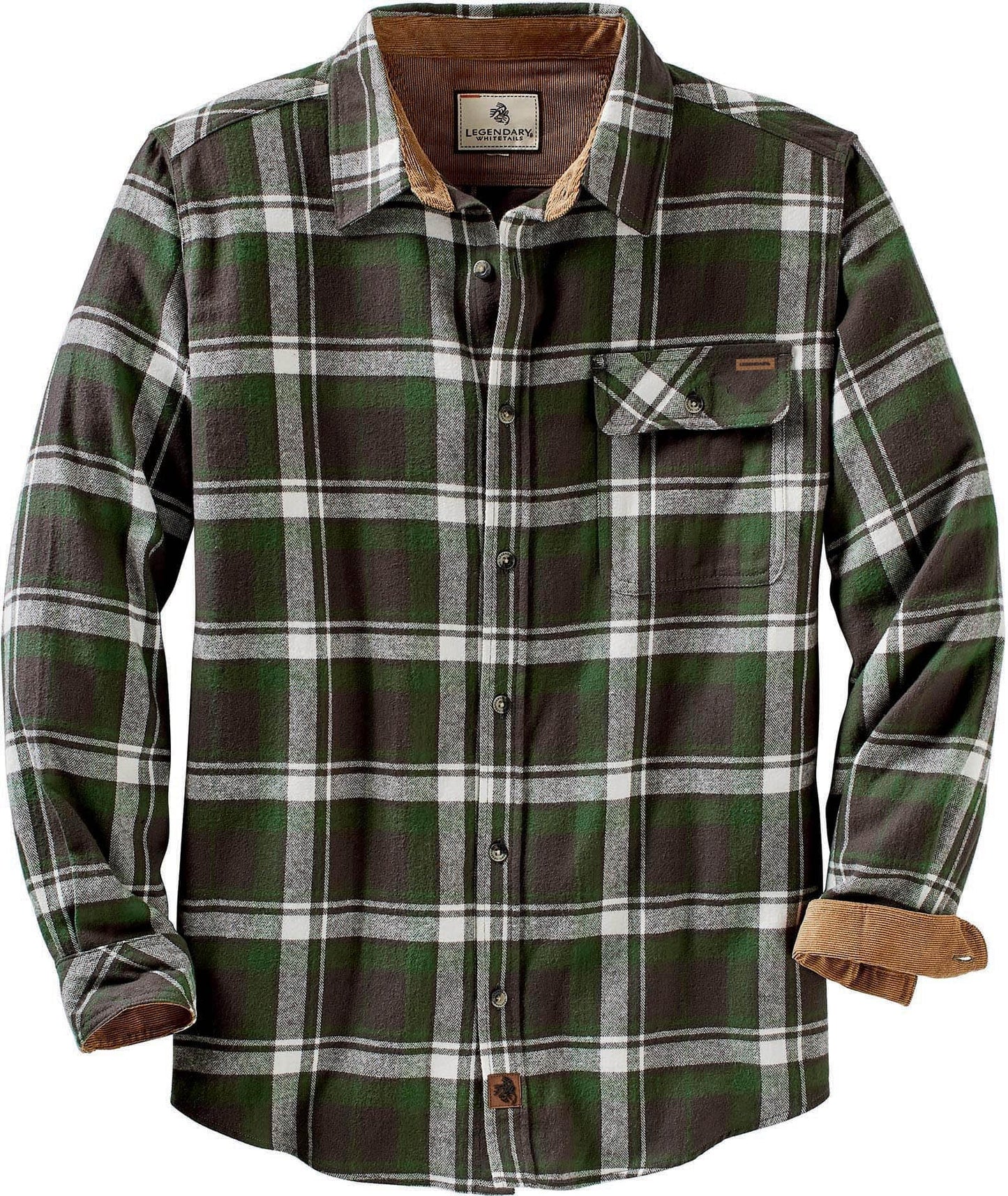Legendary Whitetails Men's Buck Camp Flannel, Long Sleeve Plaid Button Down Casual Shirt, Corduroy Cuffs