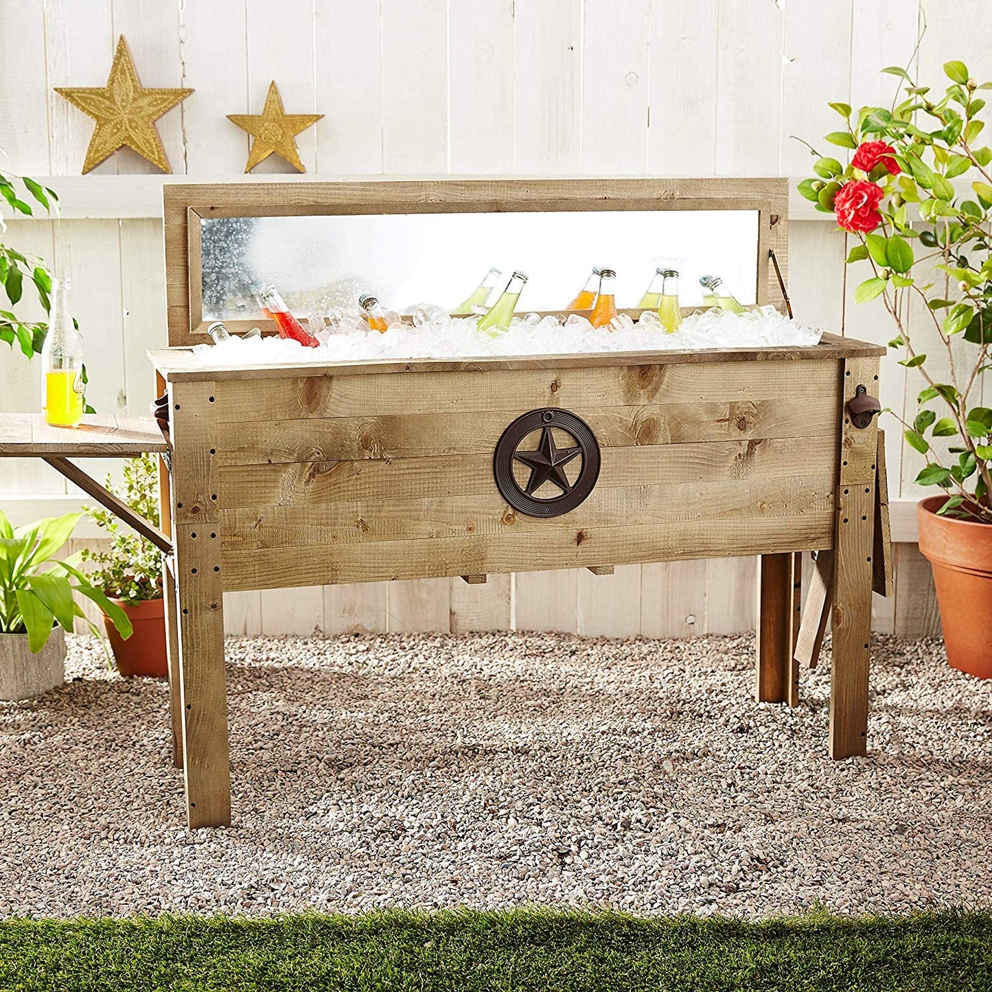 Wooden Patio Beverage Cooler for Porch, Deck or Patio - American Flag Design - 57 Qt - Backyard Expressions
